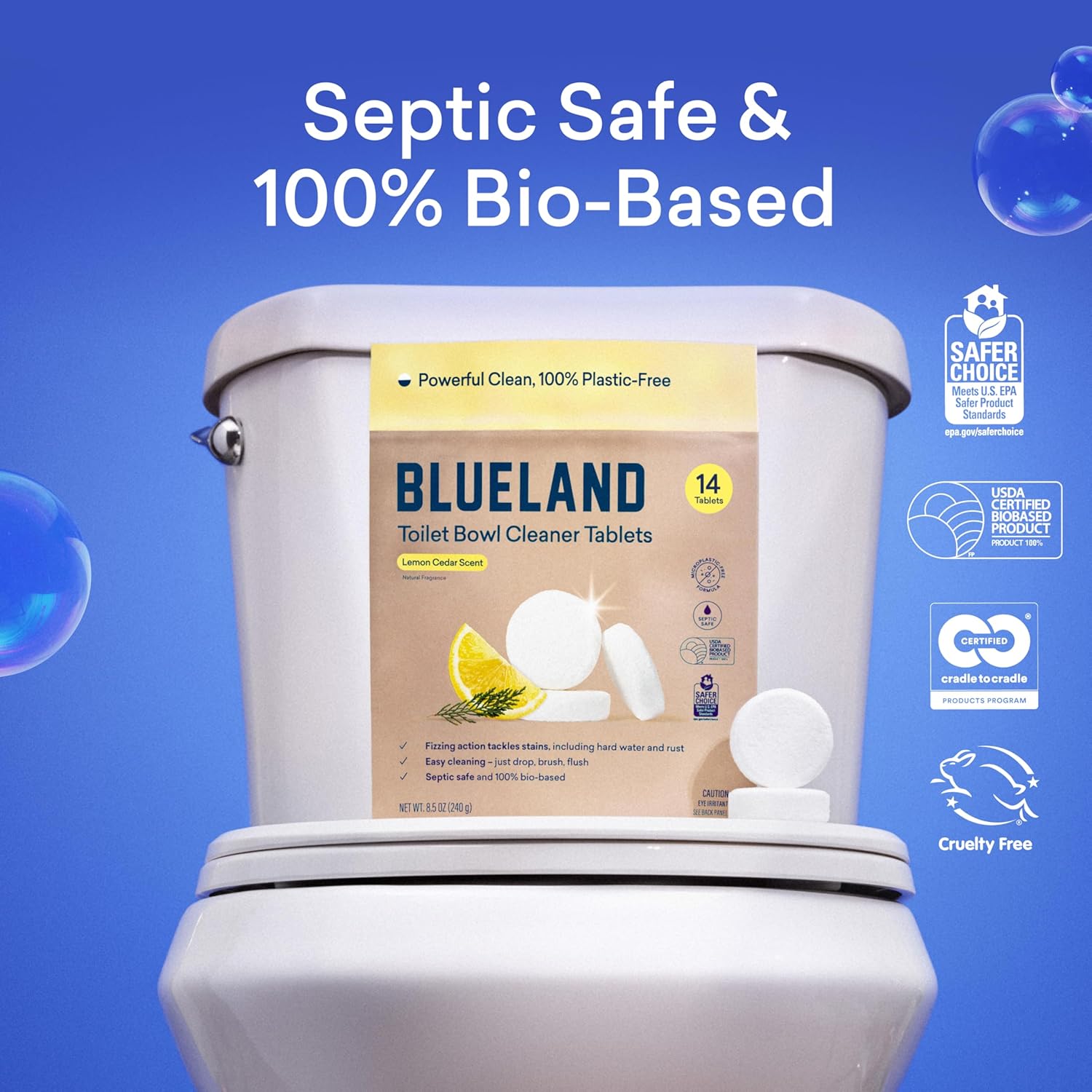 BLUELAND Toilet Bowl Cleaner Tablets, Starter Set, 14 Count with Tin, Lemon Cedar, Plastic-Free, No