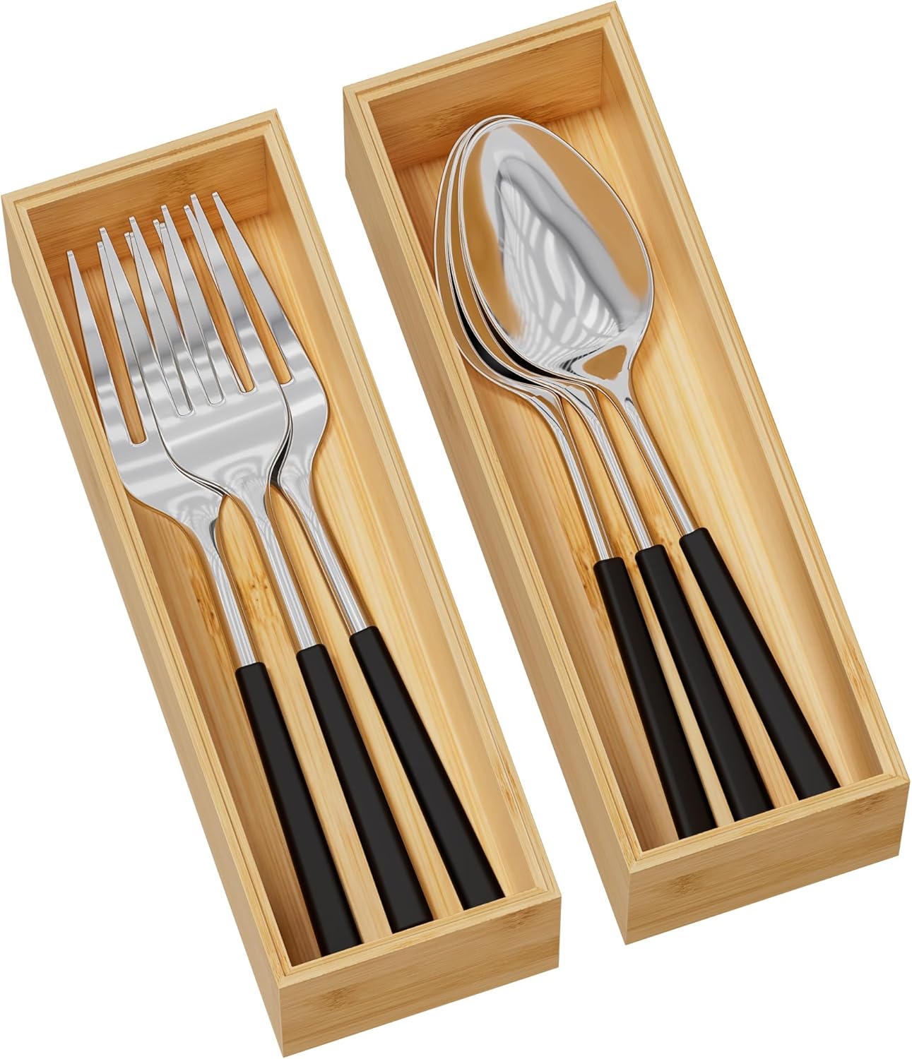 Kitchen Drawer Organizer Bins, Stackable Bamboo Deep Drawer Organizer for Silverware, Utensils