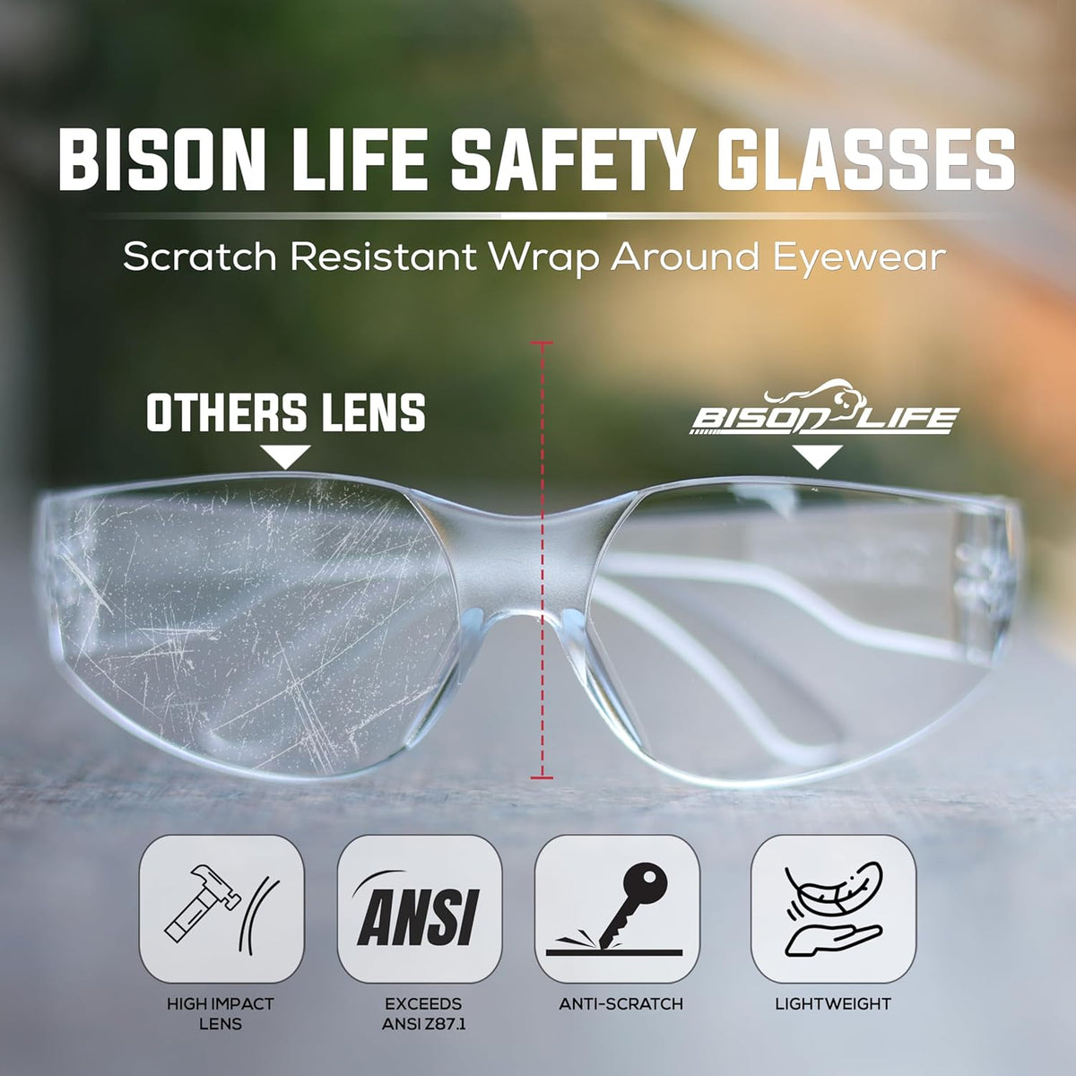BISON LIFE Safety Glasses - Scratch Resistant Wrap Around Eyewear, Polycarbonate ANSI Z87.1 Impact
