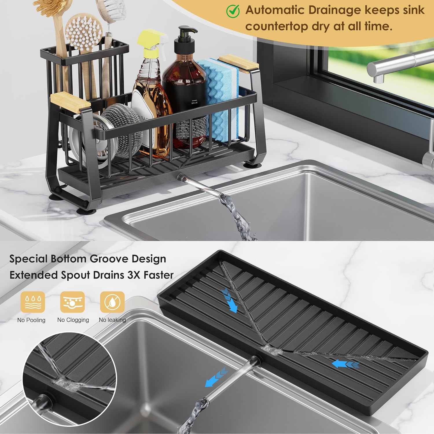 Doasuwish Sponge Holder for Kitchen Sink with Dish Brush Holder, Rustproof 304 Stainless Steel Sink
