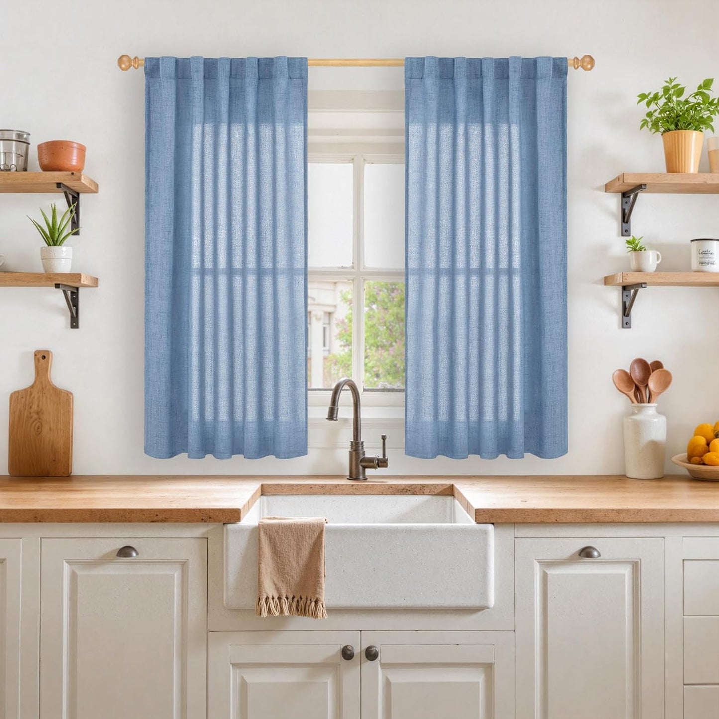 YoungsTex Denim Blue Short Linen Curtains 45 Inches Length for Kitchen, Light Filtering Semi Sheer