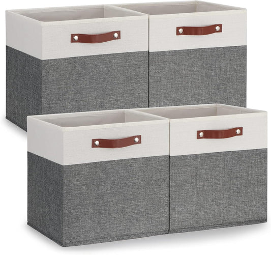 Temary 13x13 Storage Cubes 4 Pack Fabric Cube Storage Bins Large Storage Baskets with Leather
