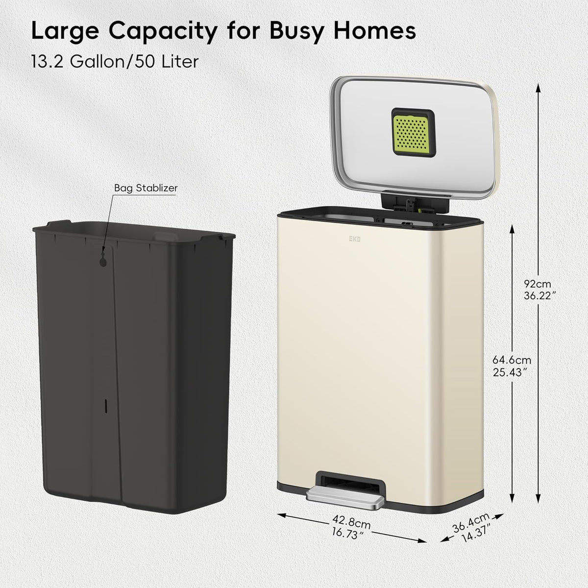 EKO Madison Vanilla Stainless Steel 50 Liter/13.2 Gallon Step Trash Can with Inner Liner