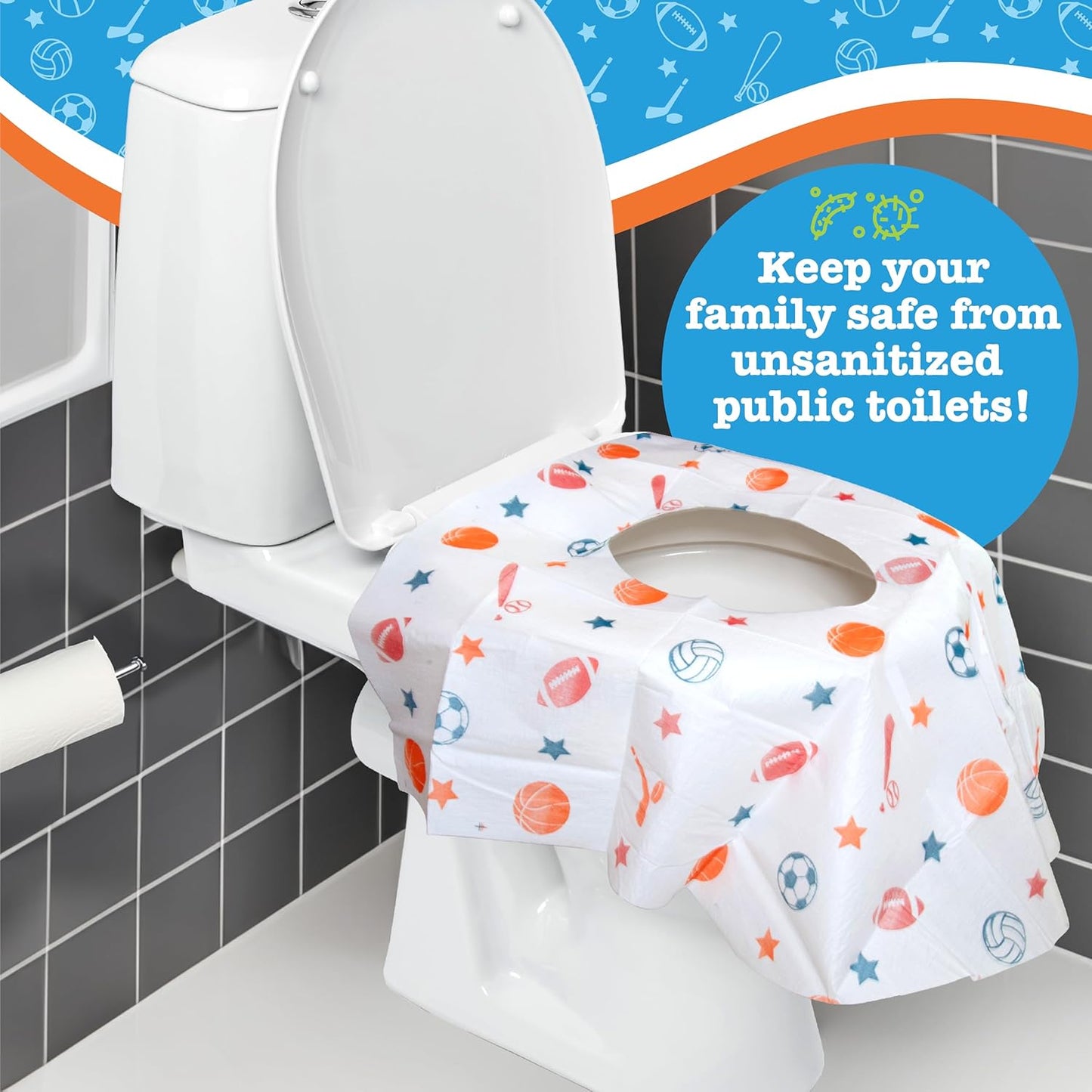 Toilet Seat Covers Disposable (12 Pack, Sports) - XL Waterproof Toilet Cover for Toddlers, Kids &