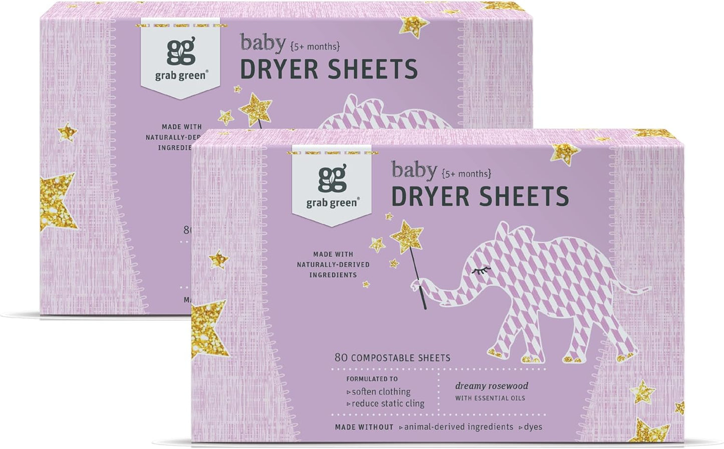 Grab Green Baby Laundry Dryer Sheets, 160 Sheets, Dreamy Rosewood Scent, Plant Based, Softens