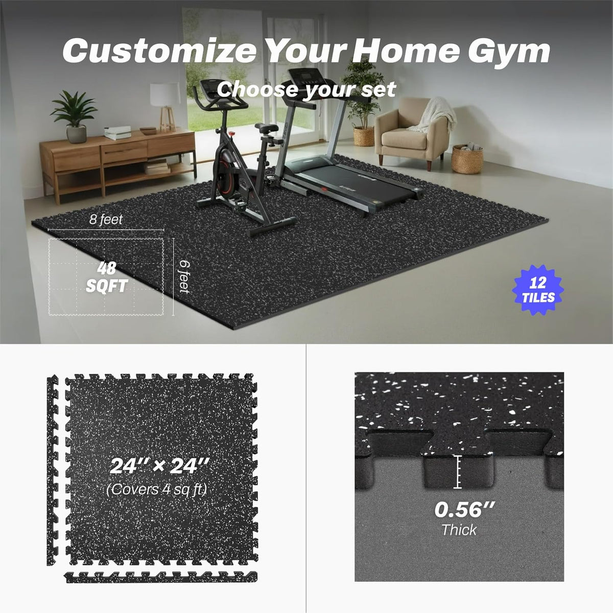 AIRHOP 0.56in Thick 48 Sq Ft Exercise Equipment Mats, 12 Tiles Upgraded Rubber Top with High