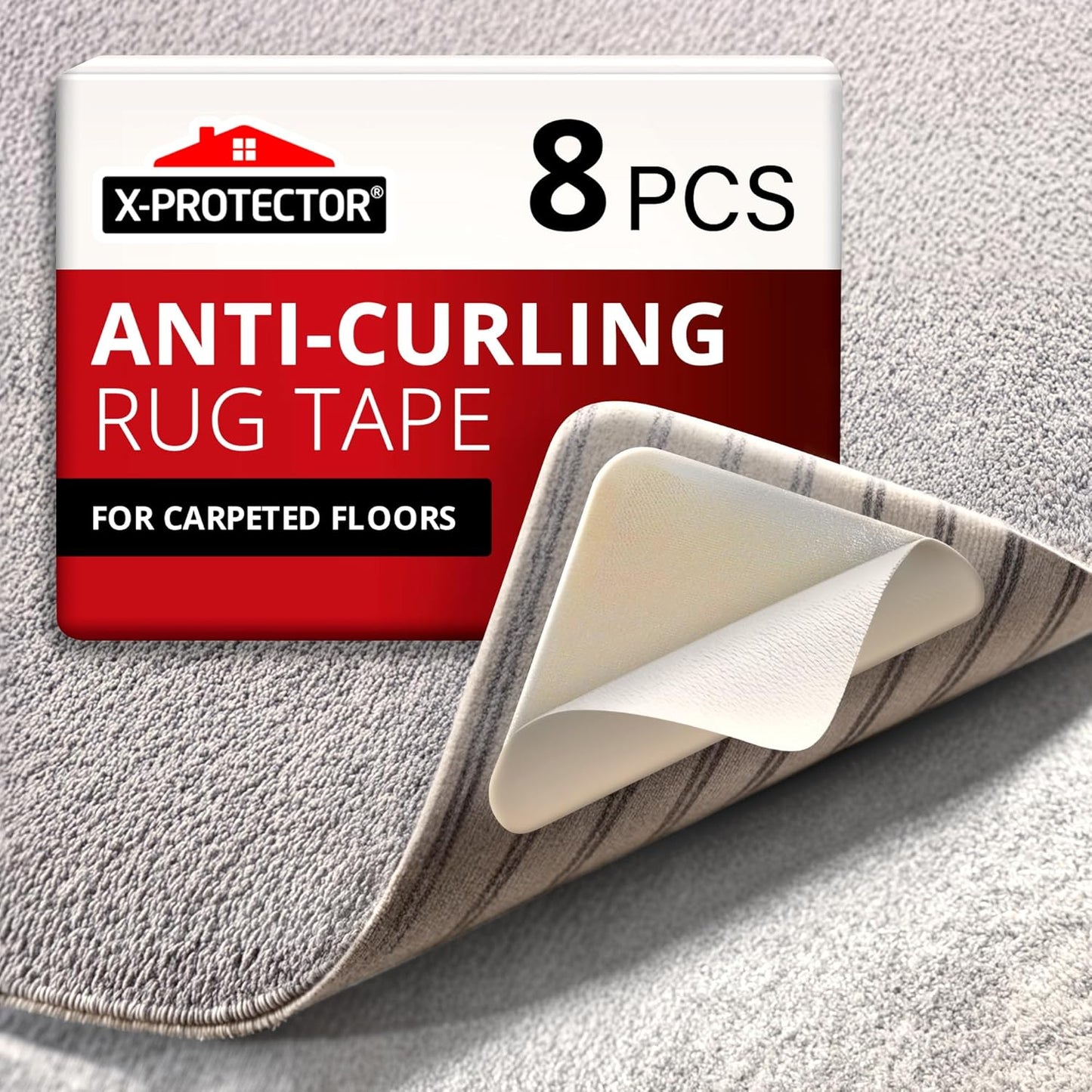 X-Protector Rug Tape for Carpet - 8 Pcs Set - White Anti-Slip & Anti-Curling Carpet Tape for Rugs