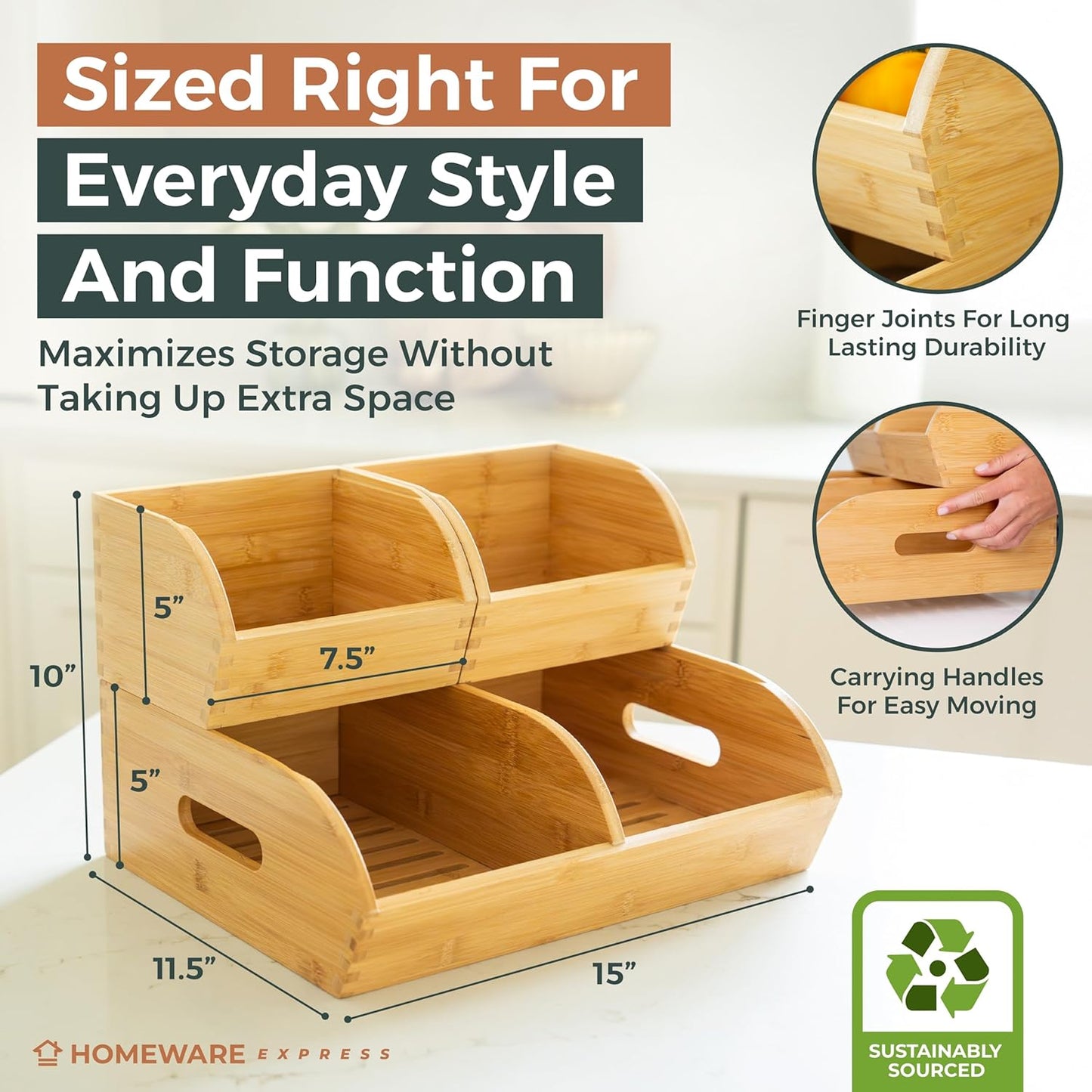 Potato and Onion Storage Bin for Pantry and Kitchen Counter - Ventilated Stackable Bamboo Organizer