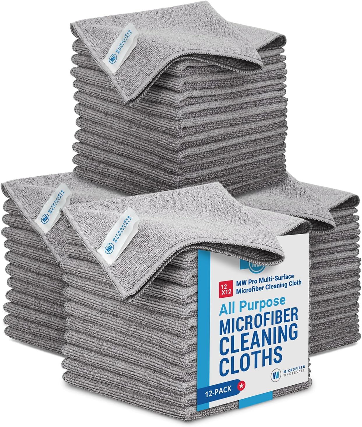 12" x 12" MW Pro Multi-Surface Microfiber Cleaning Cloths | Gray - 48 Pack | Premium Microfiber