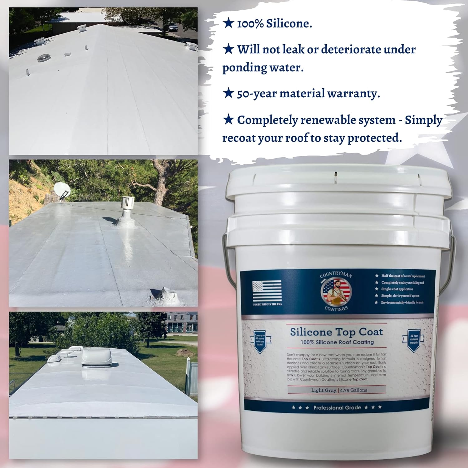Countryman Coatings 100% Silicone Roof Coating - Restore Your Roof in a Day - Seal Leaks, Cracks