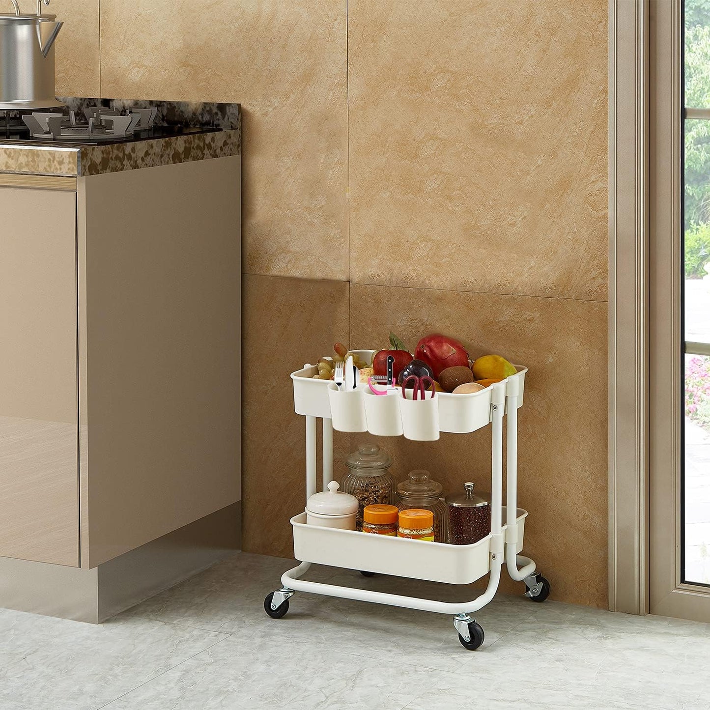 2-Tier Utility Rolling Cart Storage Sofa Side Table with Wheels, Mobile Trolley Organizer with for
