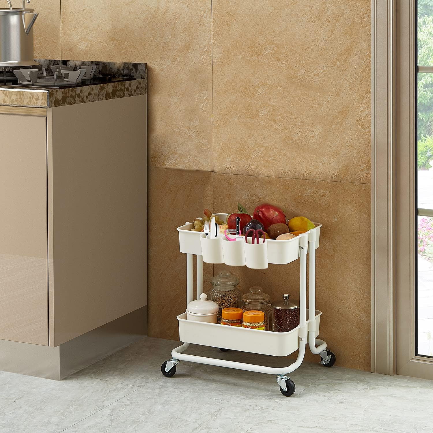 2-Tier Utility Rolling Cart Storage Sofa Side Table with Wheels, Mobile Trolley Organizer with for