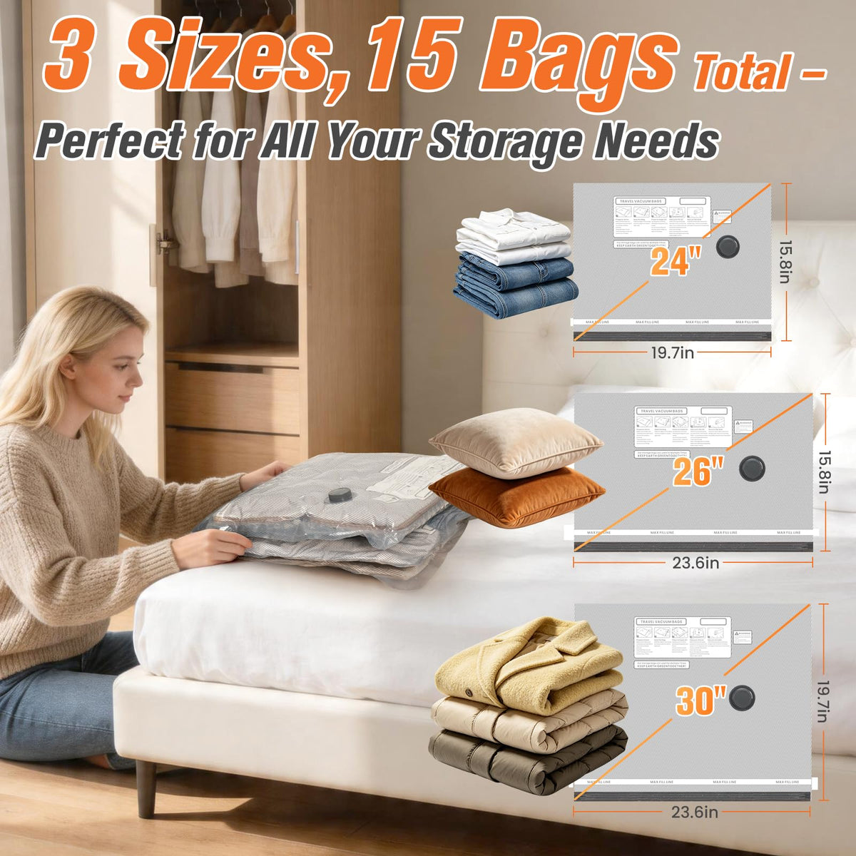 15 Pack Vacuum Storage Bags for Travel with Cordless Pump, Space Saver Bags for Clothes