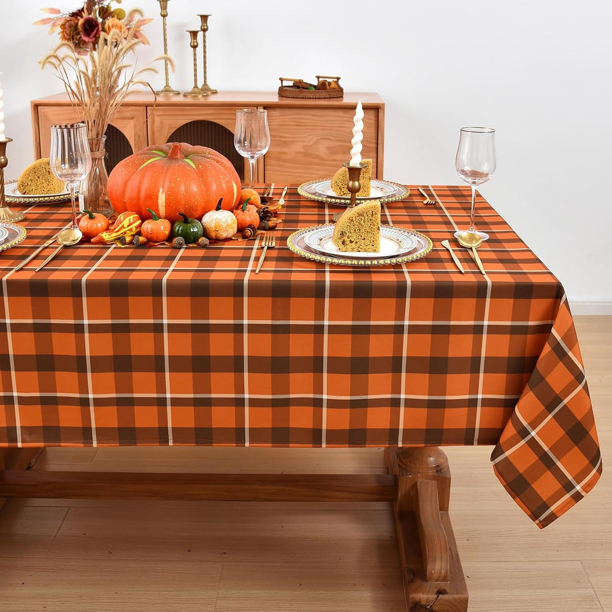 Waterproof Plaid Tablecloth Fabric - Square 58x58 Inch Classic Gingham Checker Thanksgiving Table