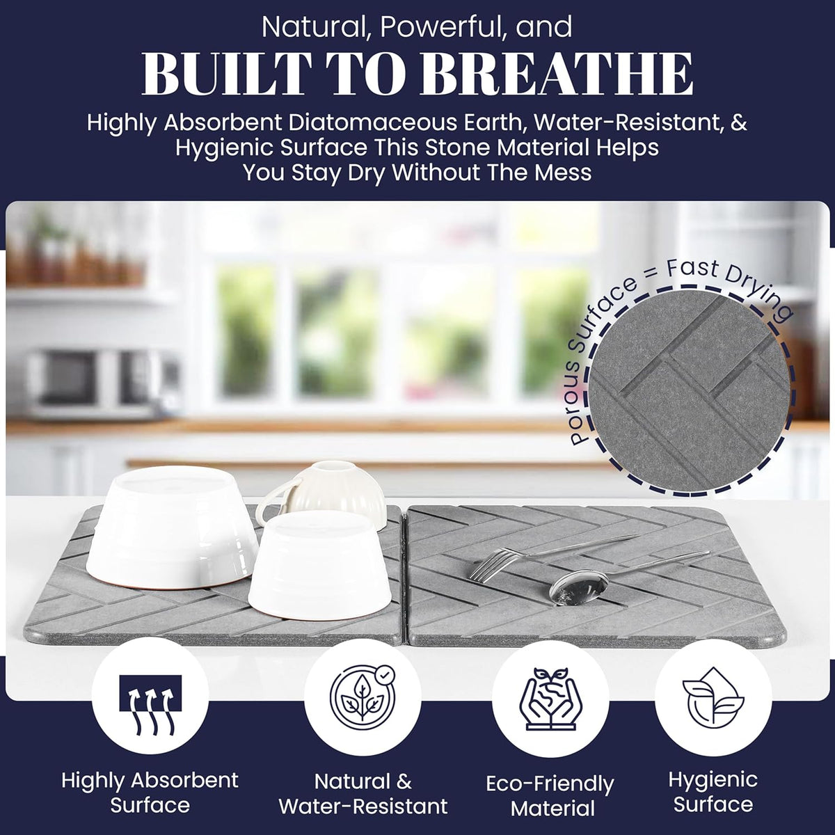 Large Folding Stone Dish Drying Mat for Kitchen Counter – Super Absorbent Diatomite Pad for Dishes