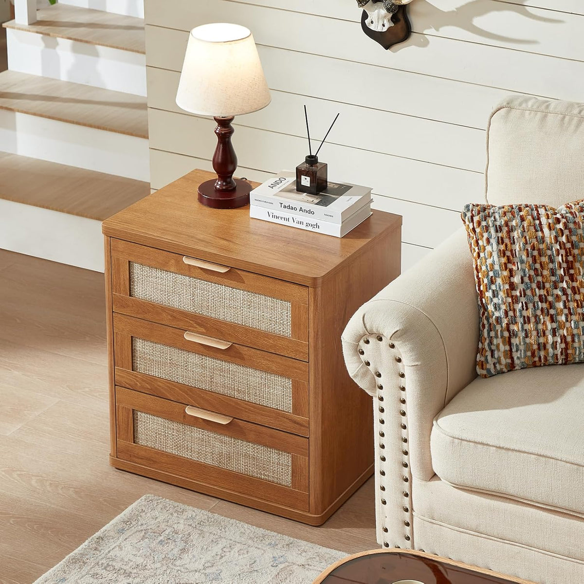 LEYAOYAO Rattan Night Stand with Drawers, 23" Large 3 Drawer Boho Nightstand, Natural Wood Bedside