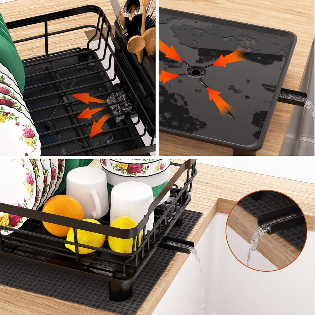 Godboat Dish Drying Rack, Dish Rack with Auto-Drain & Mat, Dish Drainers for Kitchen Counter, Glass