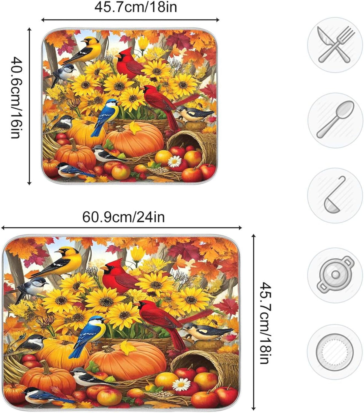 Fall Birds Dish Drying Mat for Kitchen Countertop 16x18 Autumn Pumpkin Sunflower Small Drying Mat