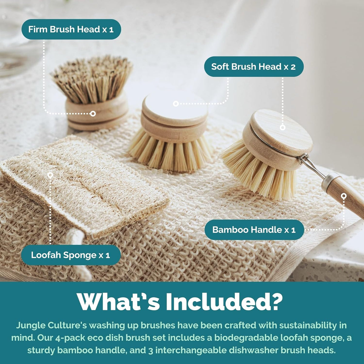 Jungle Culture 4 Piece Bamboo Dish Brush Set for Washing Up • Long Lasting Wooden Dish Brush with 3