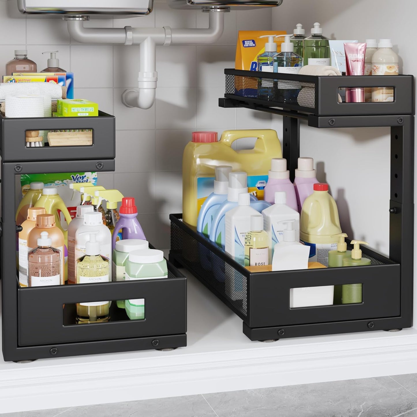 2 Pack 17IN Depth Under Sink Storage Organizer, Large 2-Tier Elegant Mesh Pull Out Shelf for