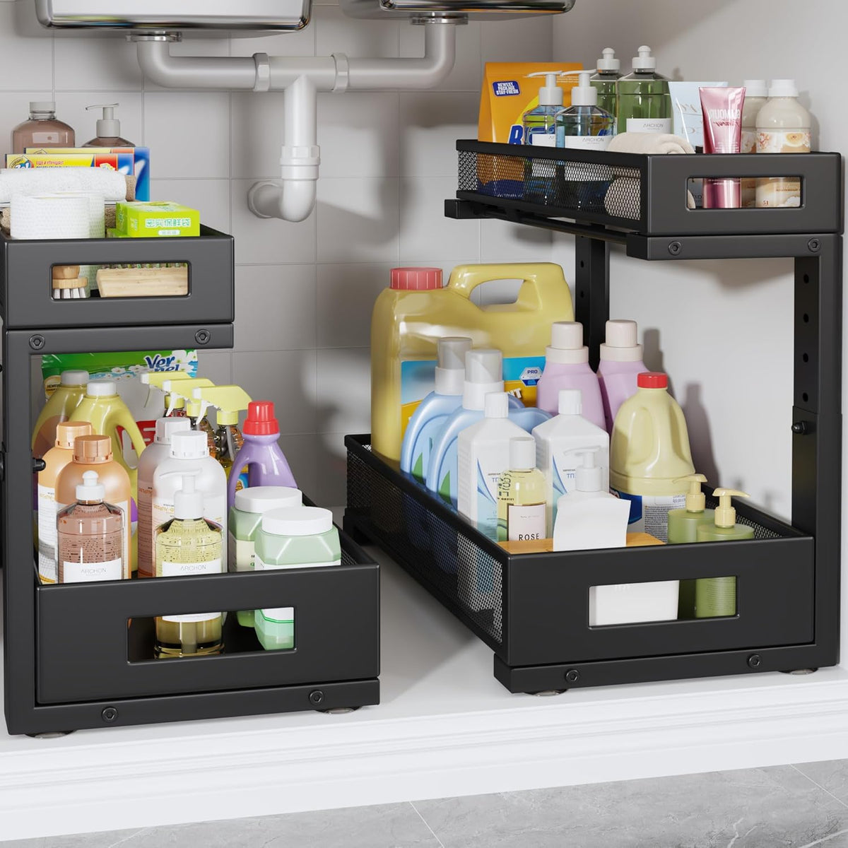 2 Pack 17IN Depth Under Sink Storage Organizer, Large 2-Tier Elegant Mesh Pull Out Shelf for
