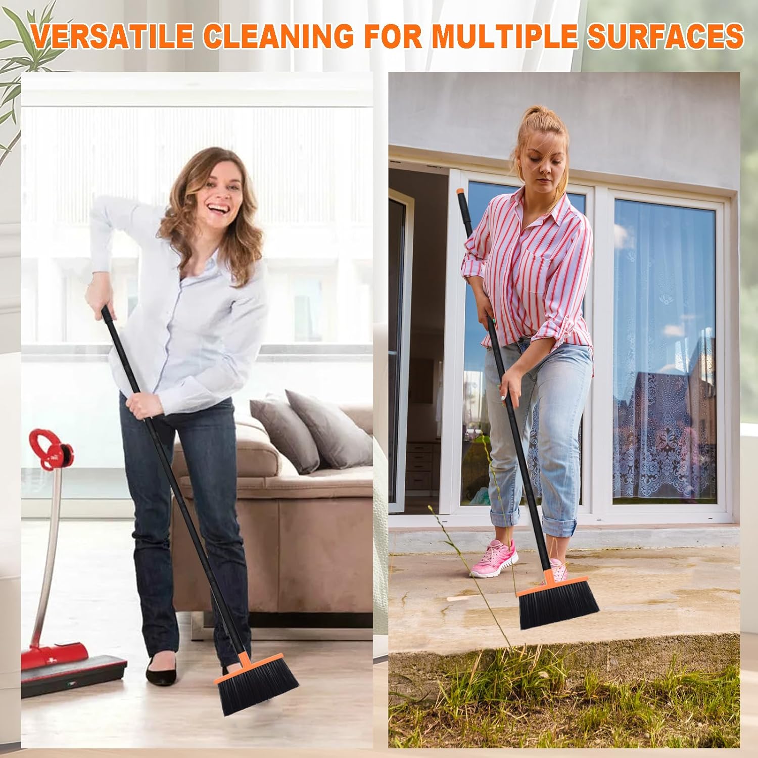Small Broom Stiff Bristles Brush with Long Handle Indoor or Outdoor Compact Broom for Sweeping