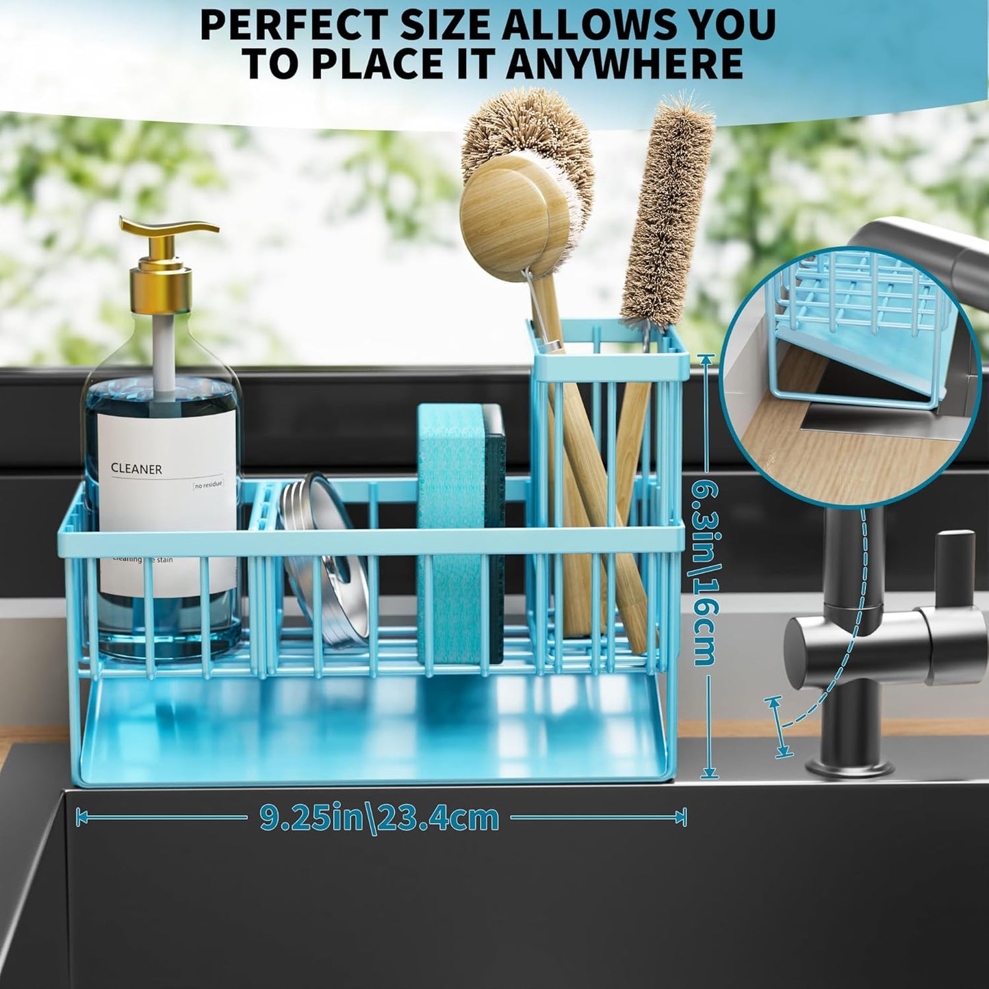 Cisily Blue Kitchen Sink Caddy Organzier with High Brush Holder, Sponge Holder for Sink, 304