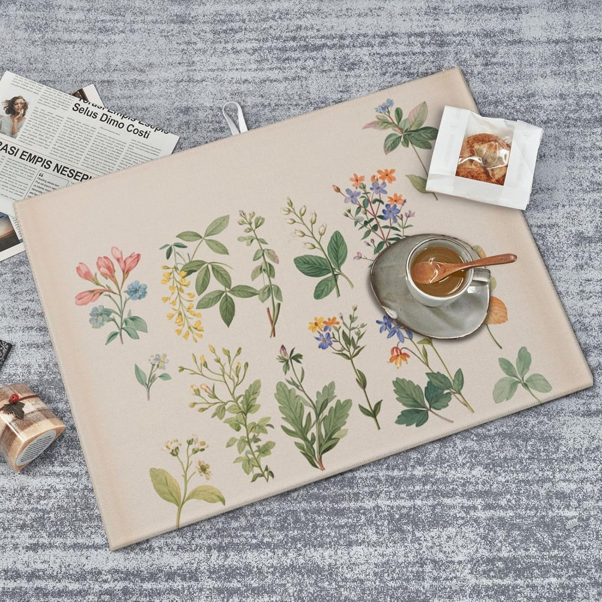 Vintage Plants Herbs Floral Dish Drying Mat Highly Absorbent Double-Sided Microfiber with Hanging
