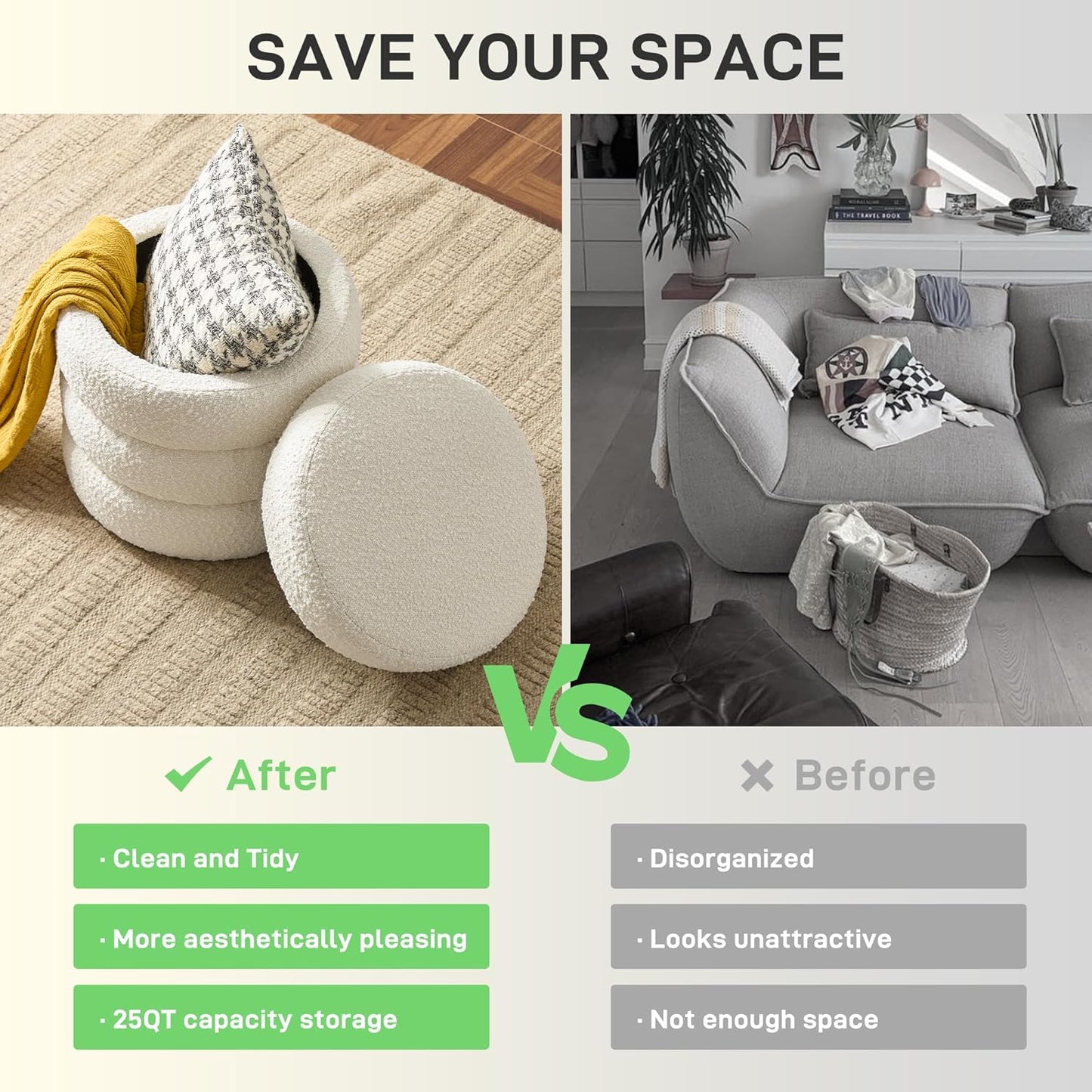 Round Ottoman with Storage Boucle Ottoman Stool with Storage Removable Lid for Living Room Modern