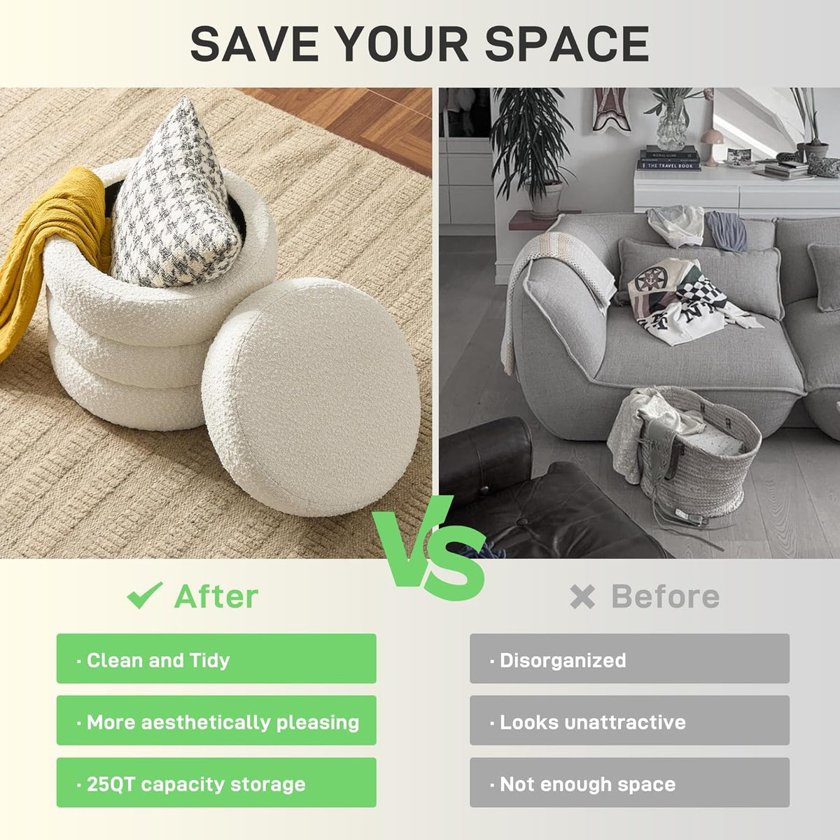 Round Ottoman with Storage Boucle Ottoman Stool with Storage Removable Lid for Living Room Modern