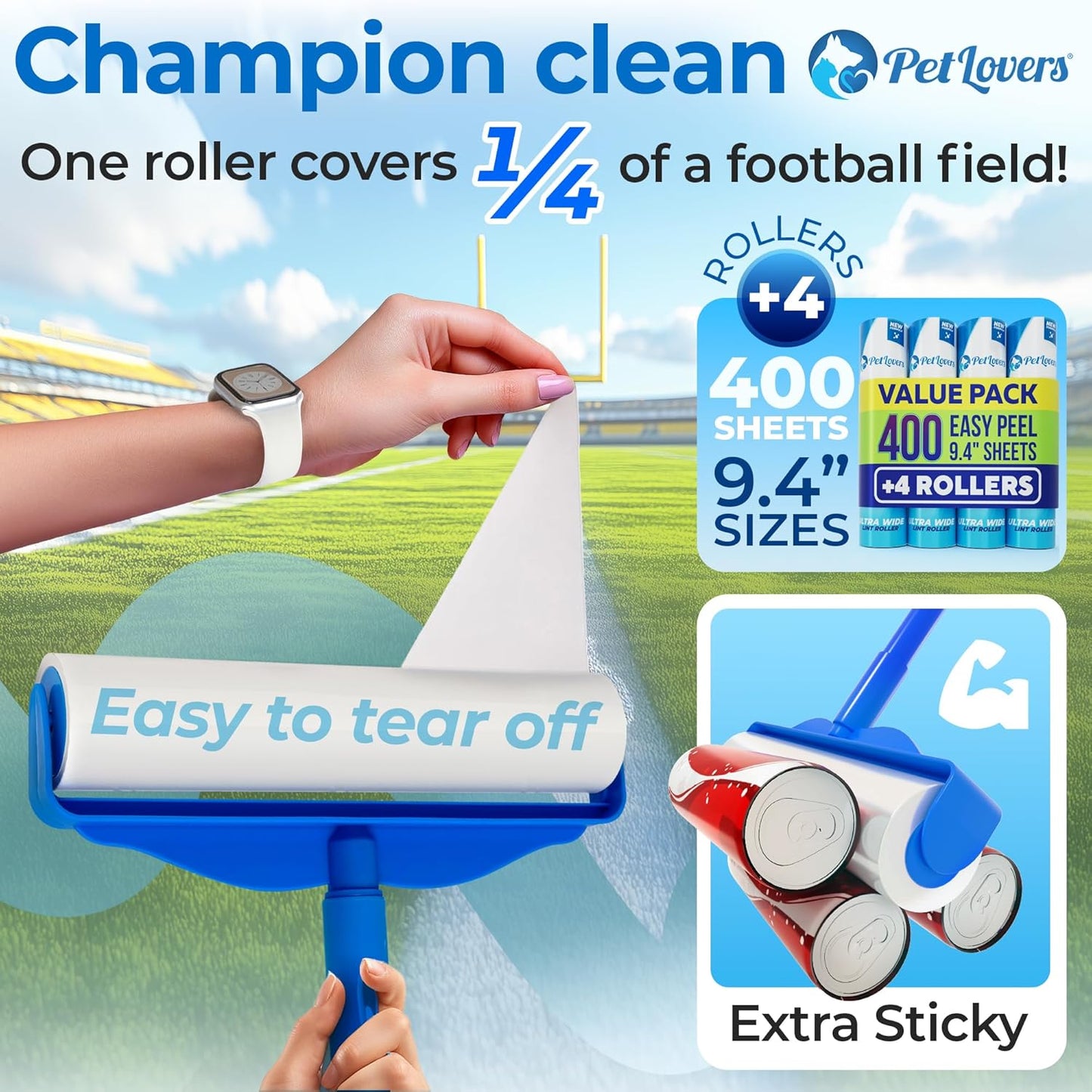 PetLovers Large Lint Roller with 3 Refills – 400 Total Sheets for Tackling Pet Hair, Extra Large