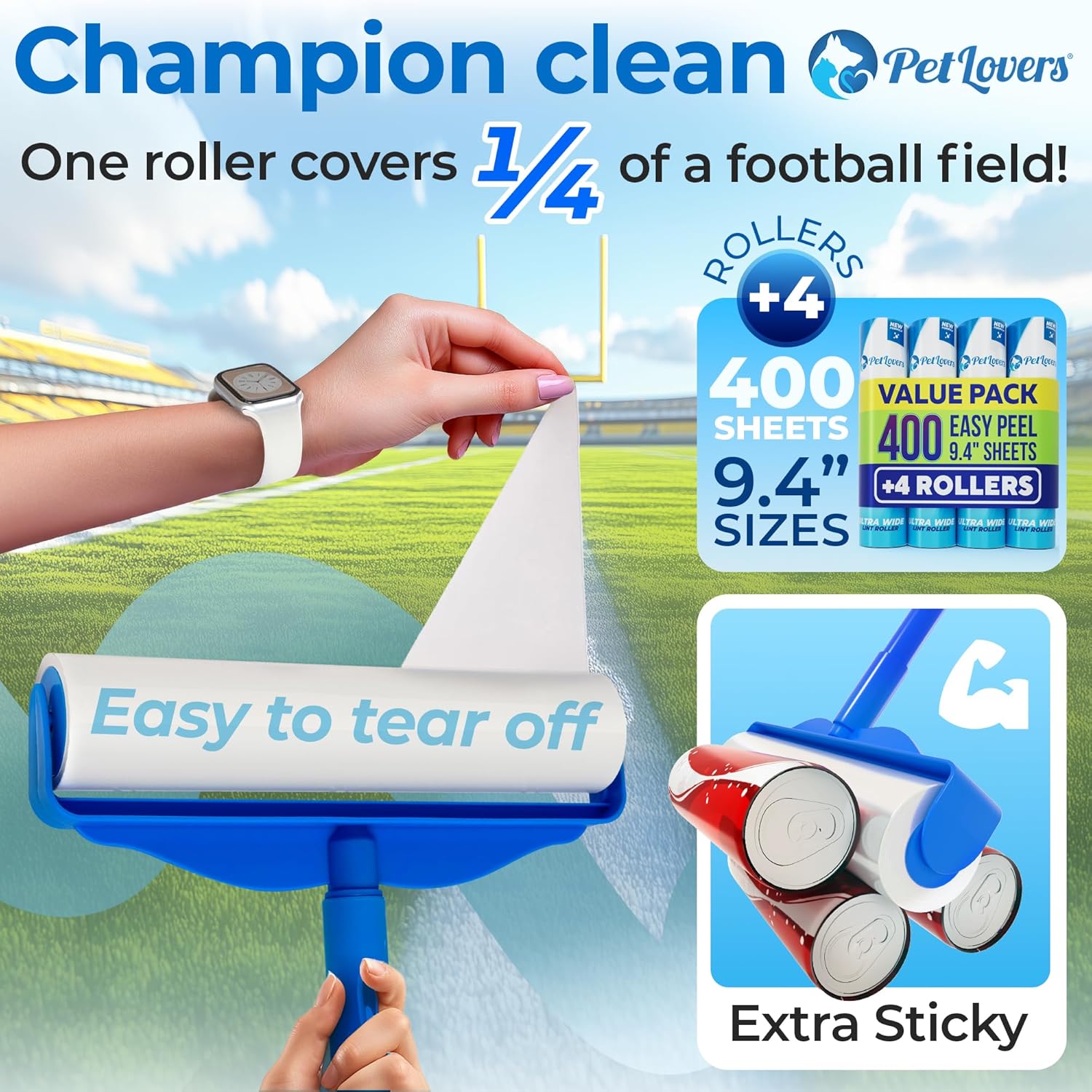 PetLovers Large Lint Roller with 3 Refills – 400 Total Sheets for Tackling Pet Hair, Extra Large