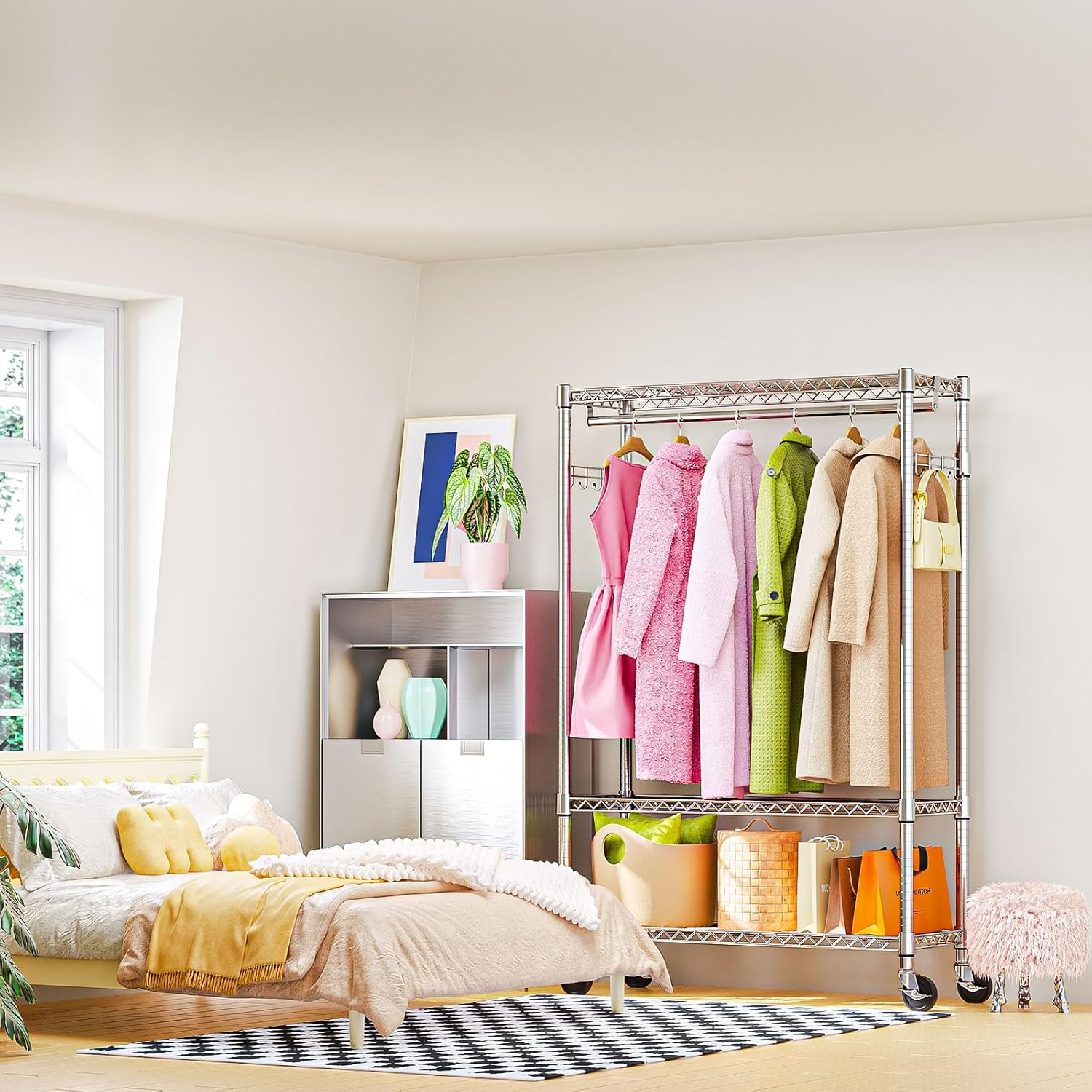 Heavy Duty Rolling Garment Rack 3 Tiers Adjustable Wire Shelving Clothes Rack with 1 Rods and Side