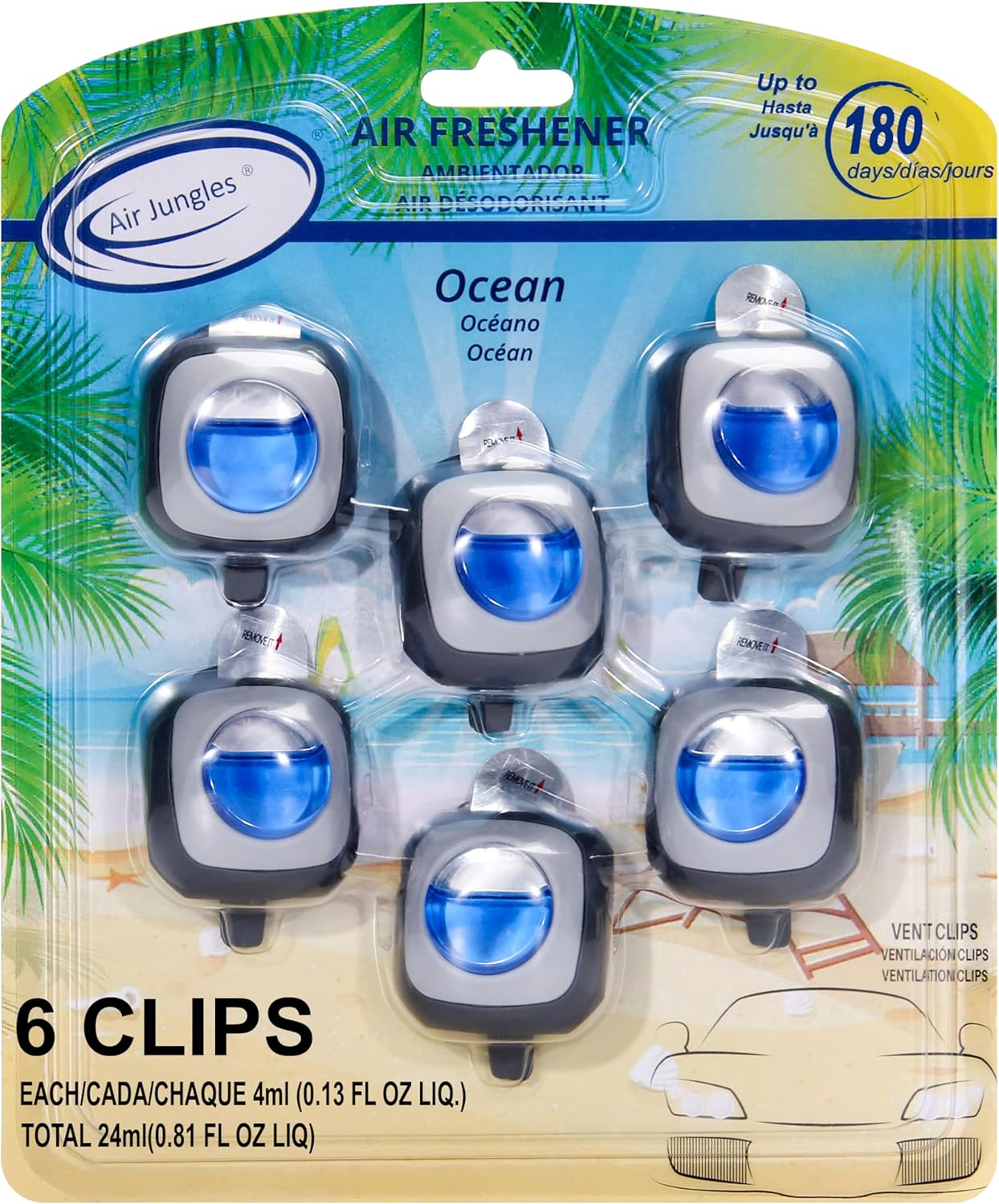 Air Jungles Ocean Scent Car Air Freshener Clip, 6 Vent Clips, 4ml Each, Long Lasting Air Freshener