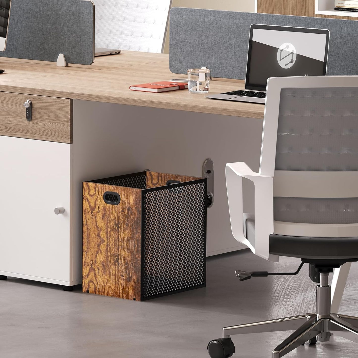 Retro Office Trash Can, Iron and Wood Combination Bedroom Garbage Can, Rectangular Design