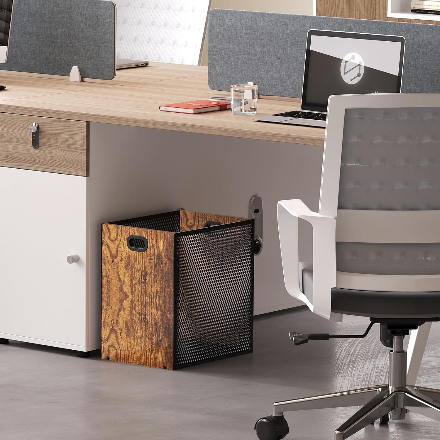 Retro Office Trash Can, Iron and Wood Combination Bedroom Garbage Can, Rectangular Design