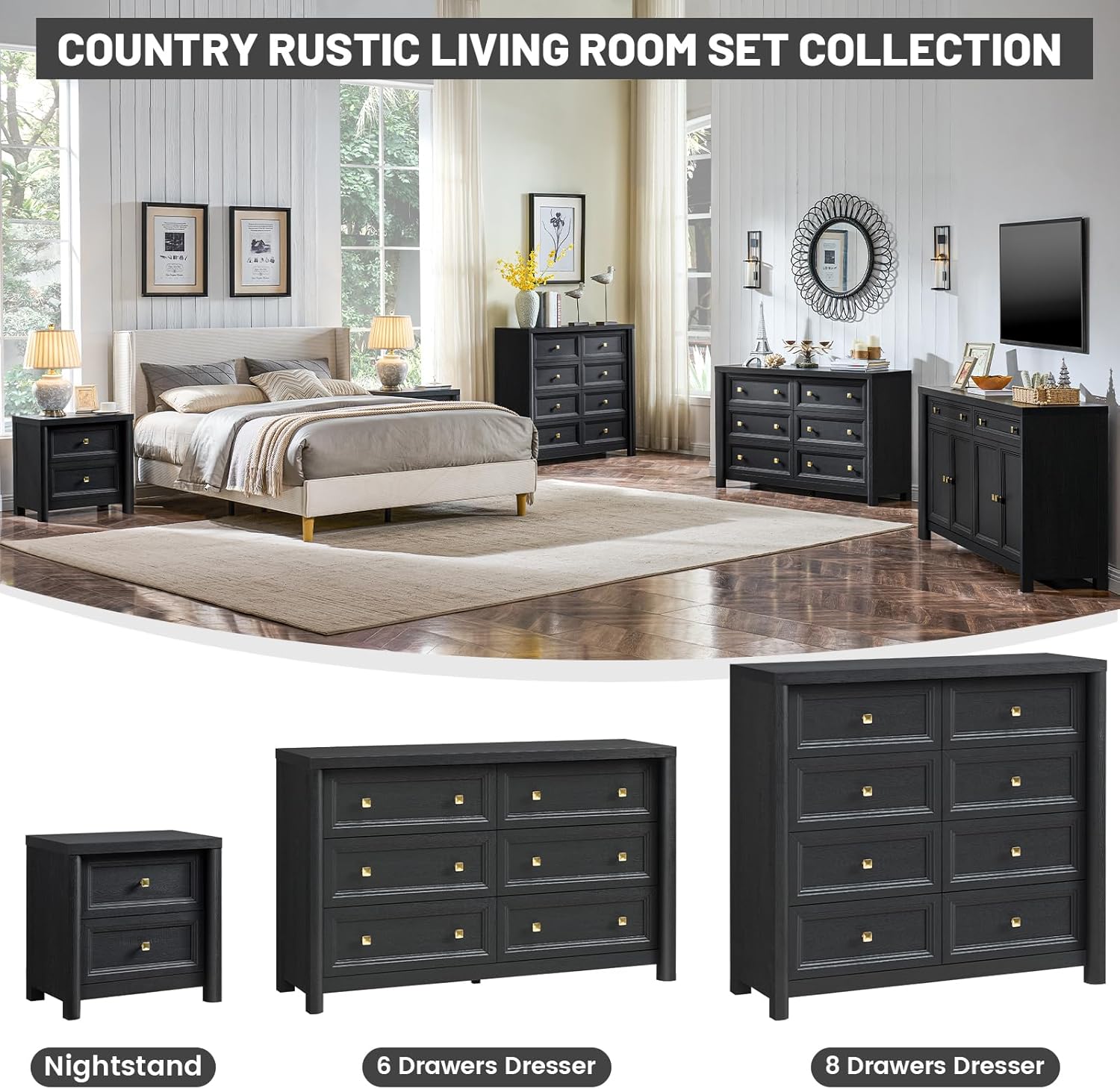 Black Dresser, Farmhouse 6 Drawer Dresser for Bedroom, 52 inch Wide Dressers with Deep Drawers