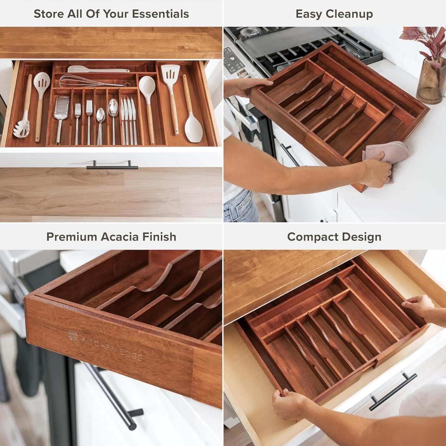 KitchenEdge Premium Silverware, Flatware and Utensil Organizer for Kitchen Drawers, Food-Safe