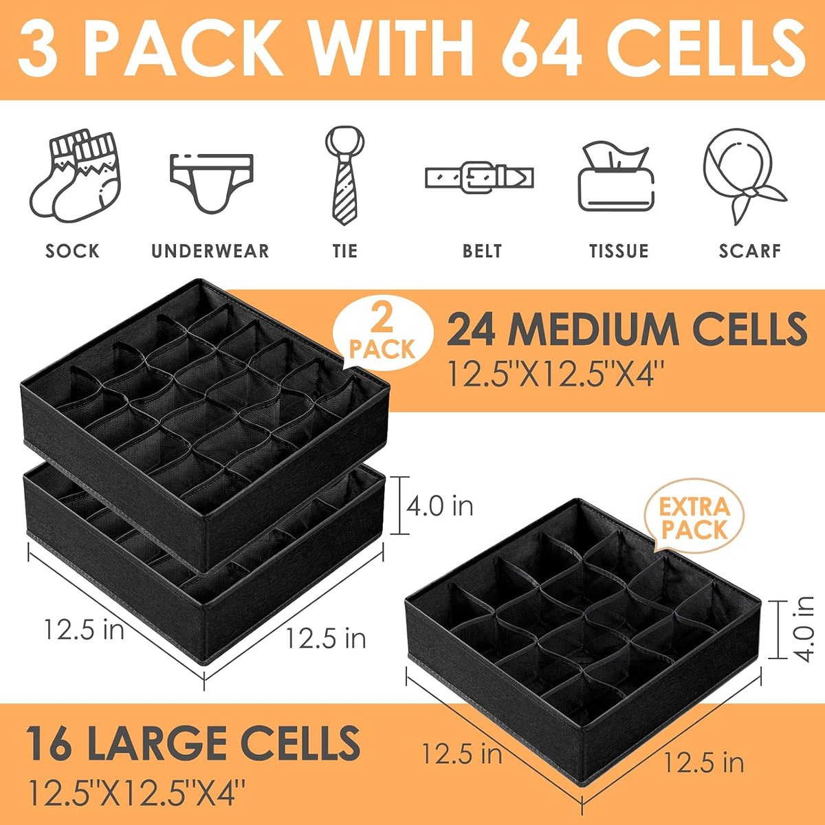 Criusia 3 Pack Sock Underwear Organizer Dividers, 64 Cell Fabric Foldable Cabinet Closet Organizers