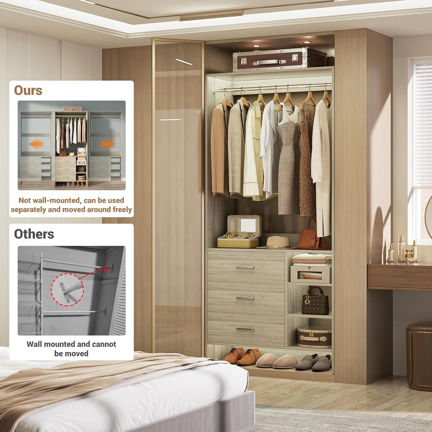Aheaplus 2.5FT Closet System with 3 Drawers, 29.5’’ Closet Organizer, Wood Closet Organizer System