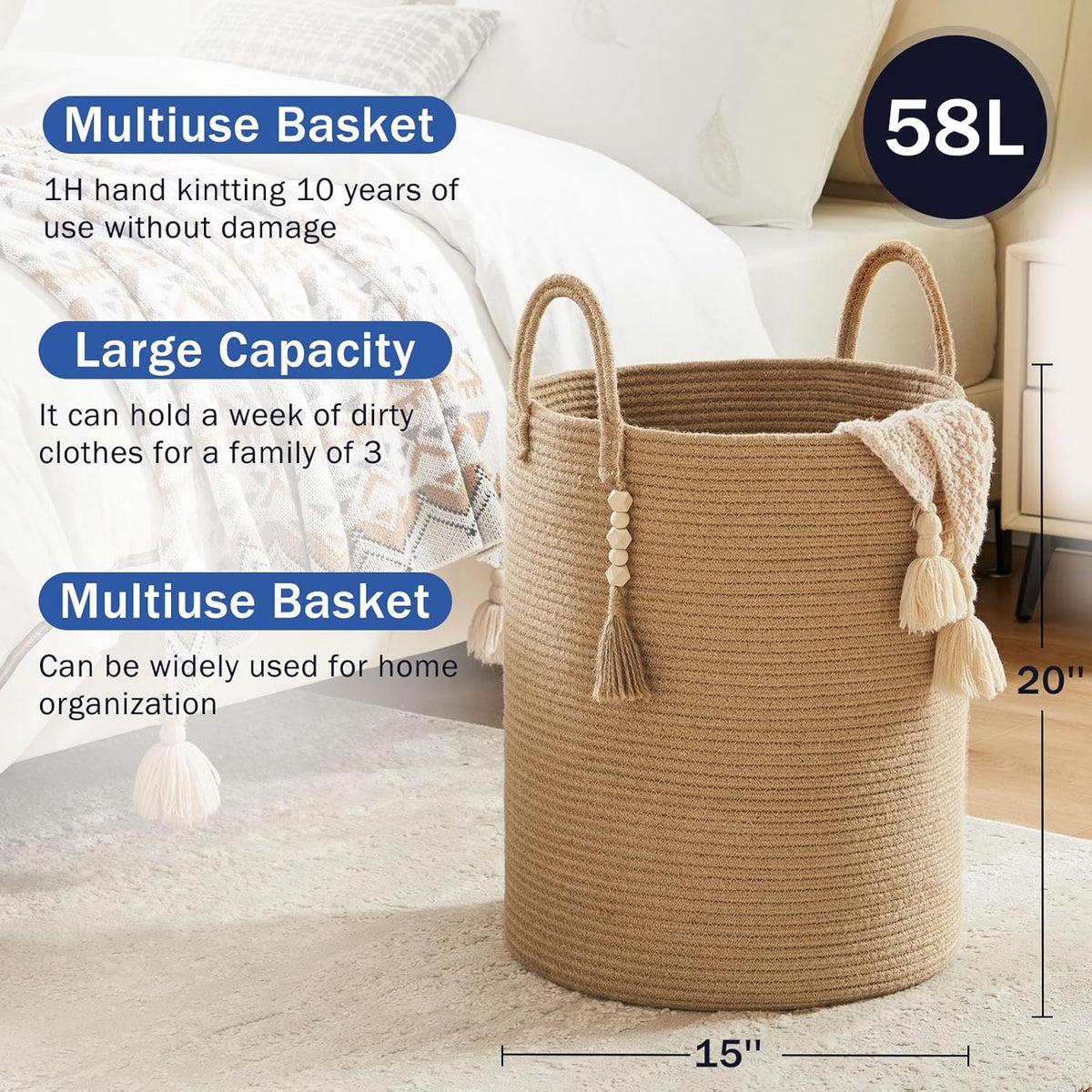 Jute Woven Rope Laundry Hamper, Tall Laundry Basket for Blanket Storage, Large Dirty Clothes Hamper