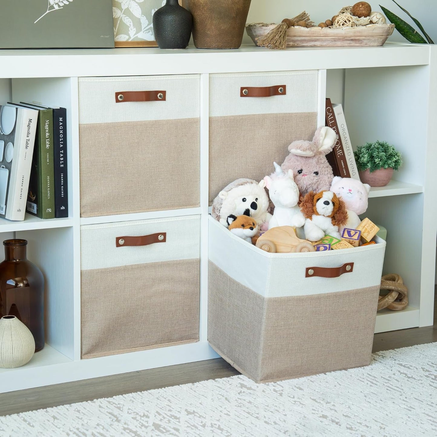 OrganiHaus 13x13 Cube Fabric Storage Bins Set of 4, Fabric Storage Cubes w/ Vegan Handles, 13 inch