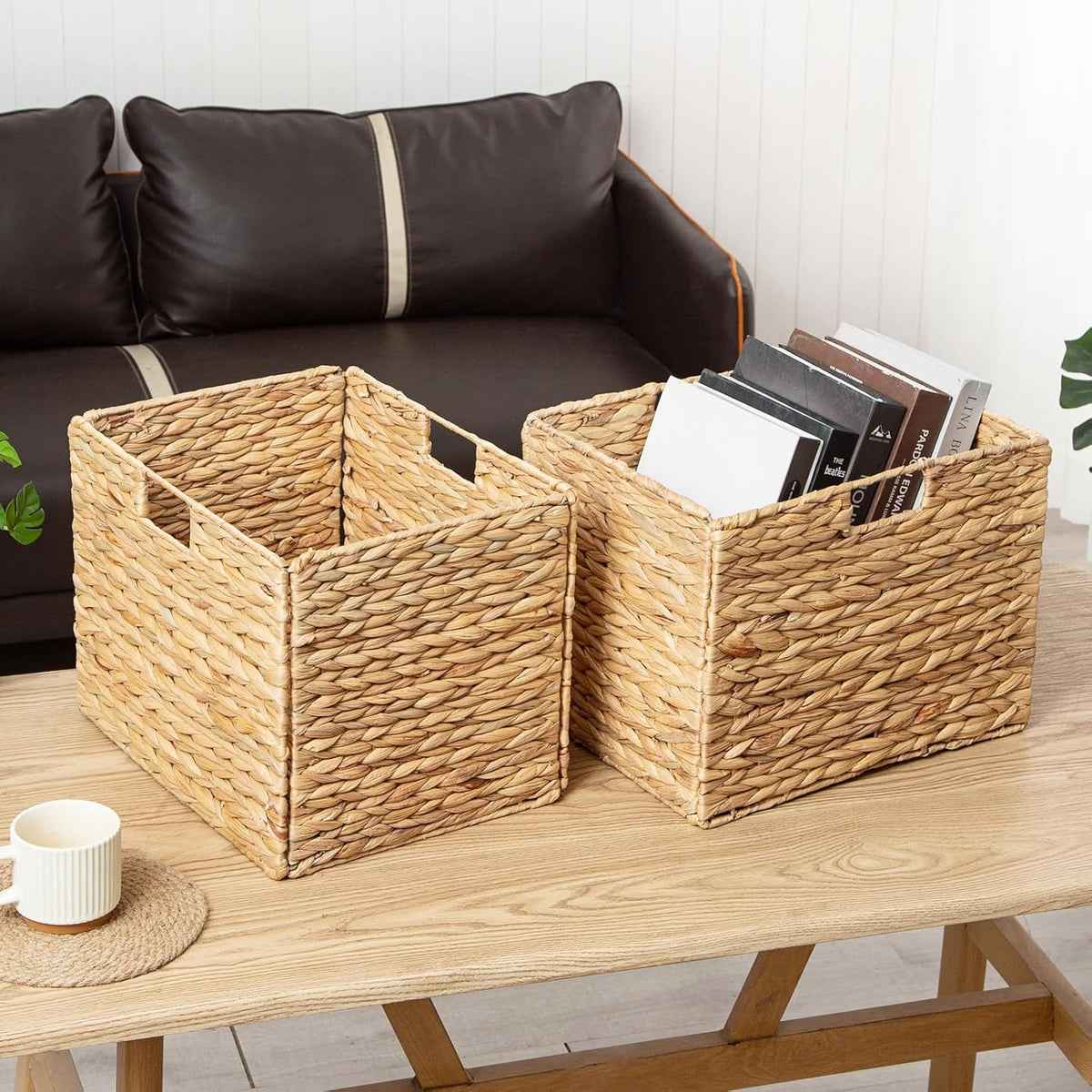 Storage Baskets，Wicker Baskets,Hyacinth Basket For Shelf,Folding 2 Packs Handmade Woven, Seagrass