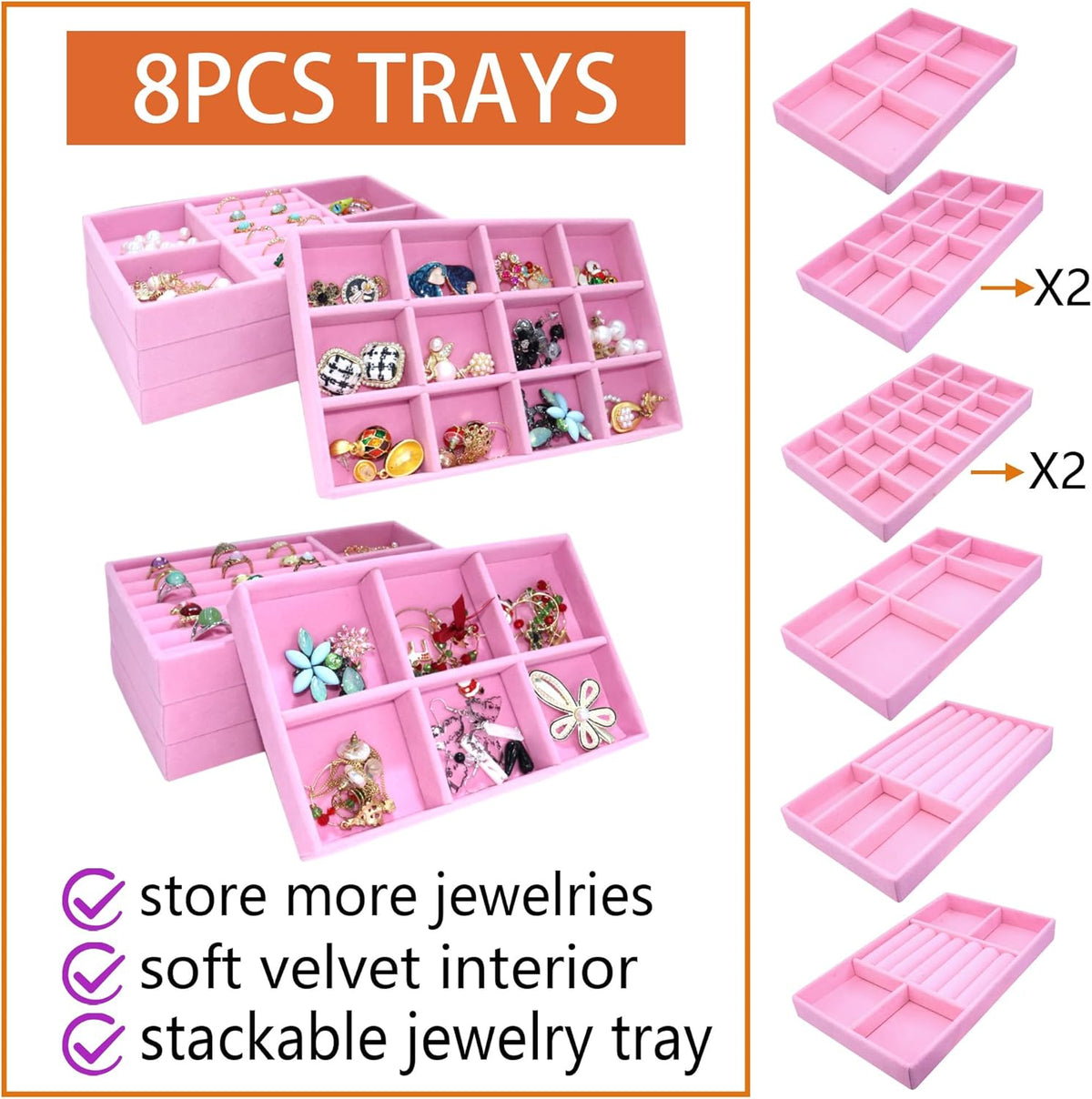 8 Pack Stackable Jewelry Trays Organizer Velvet Earring Organizer Jewelry Tray for Drawers Earring