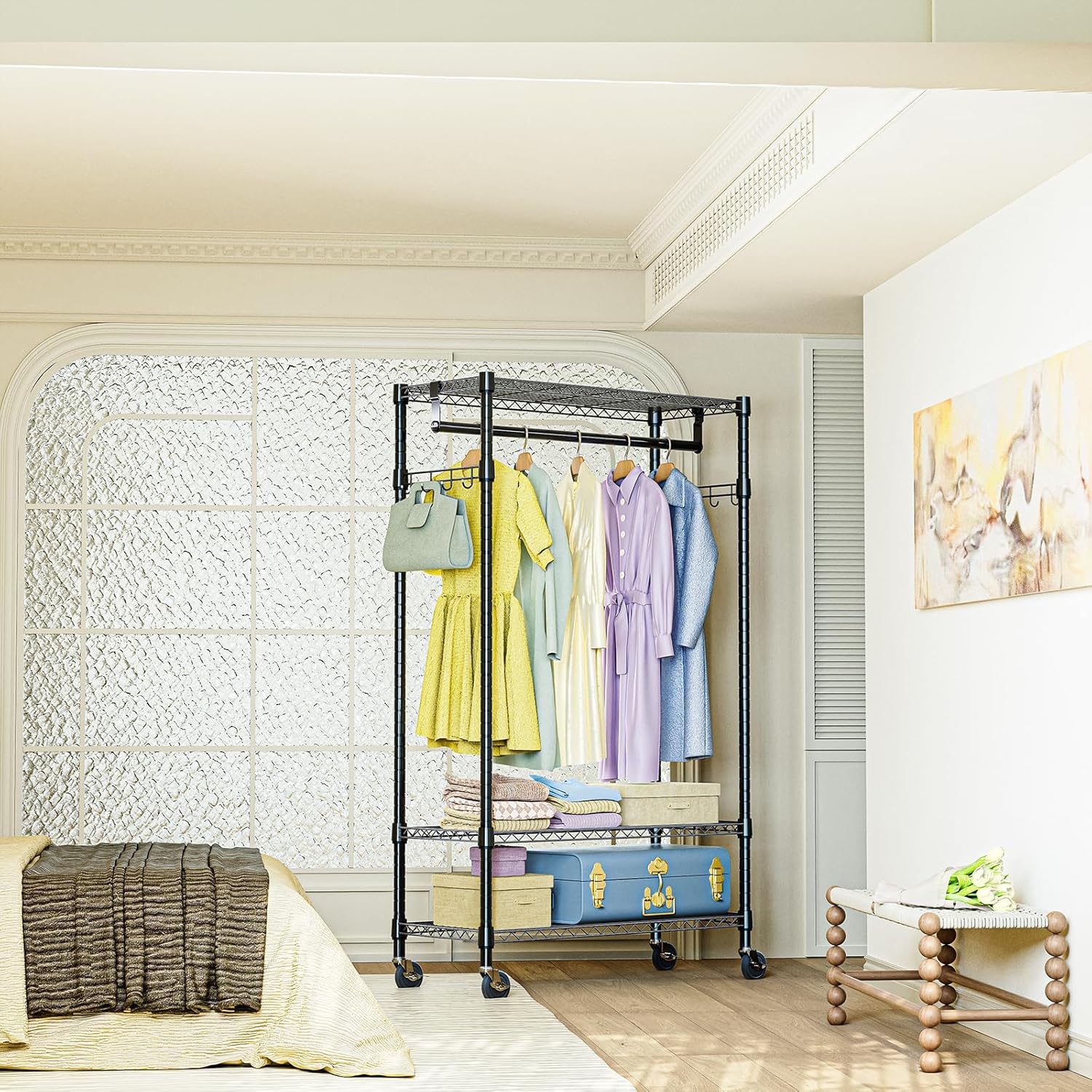 IZEUK Heavy Duty Rolling Garment Rack with 3 Adjustable Wire Shelves, Hanging Rod & Side Hooks