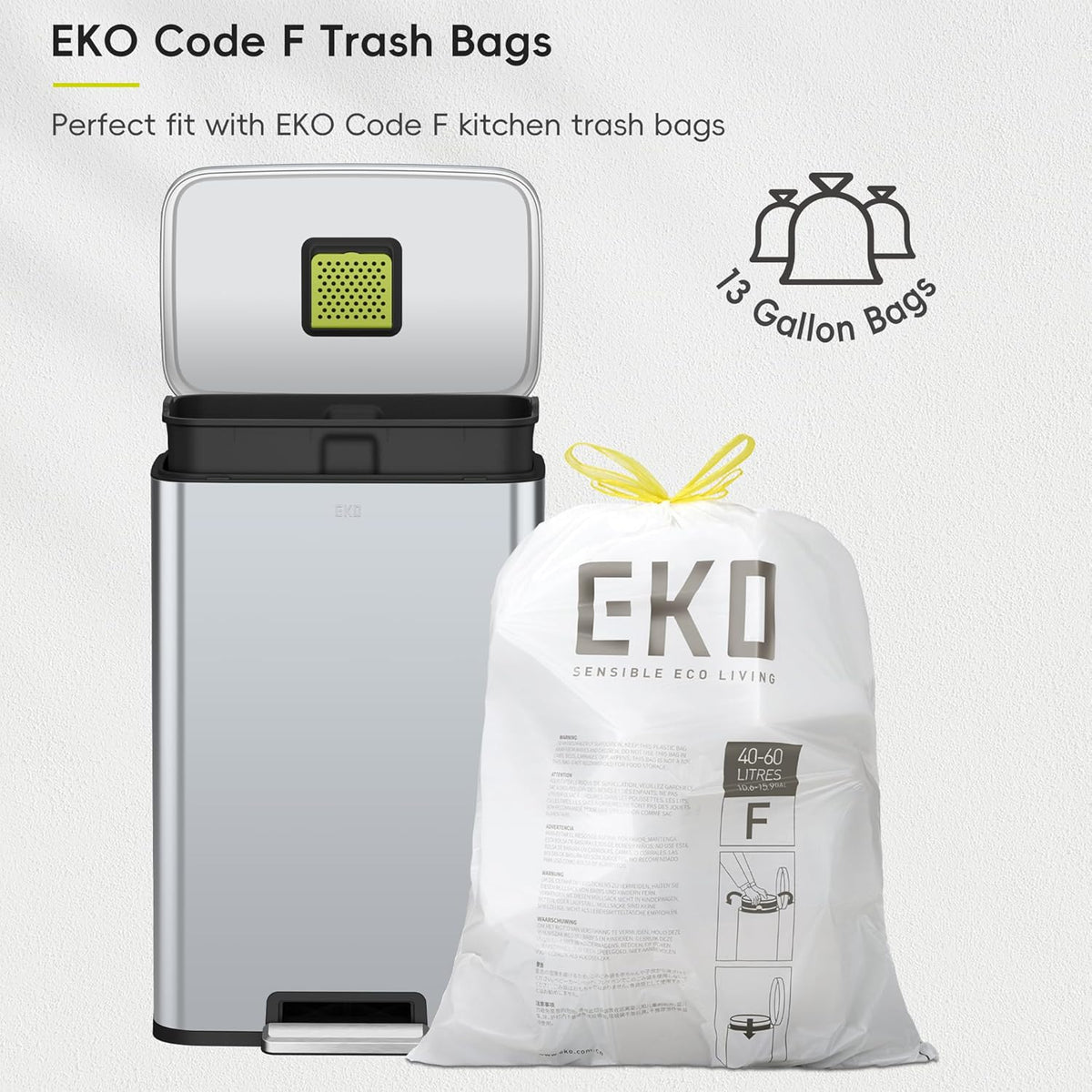 EKO Madison Matte Grey Stainless Steel 50 Liter/13.2 Gallon Step Trash Can with Inner Liner