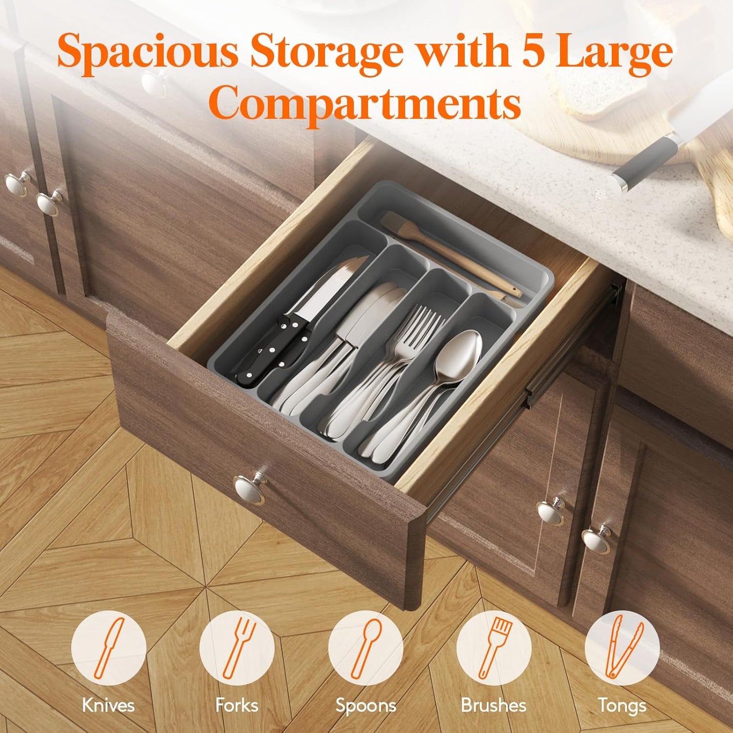 Lifewit Silverware Drawer Organizer Tray, Plastic Cutlery Storage for Kitchen Drawer, Flatware and