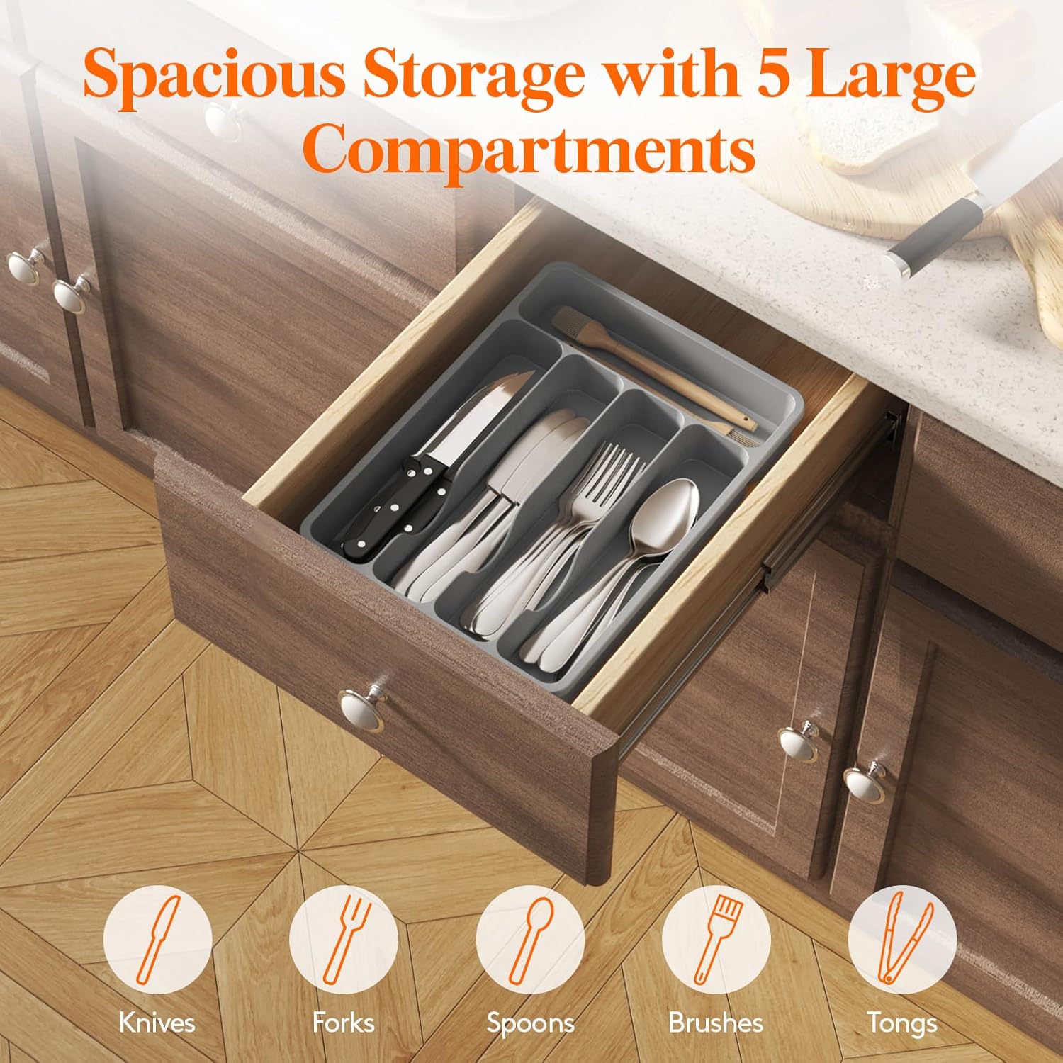 Lifewit Silverware Drawer Organizer Tray, Plastic Cutlery Storage for Kitchen Drawer, Flatware and