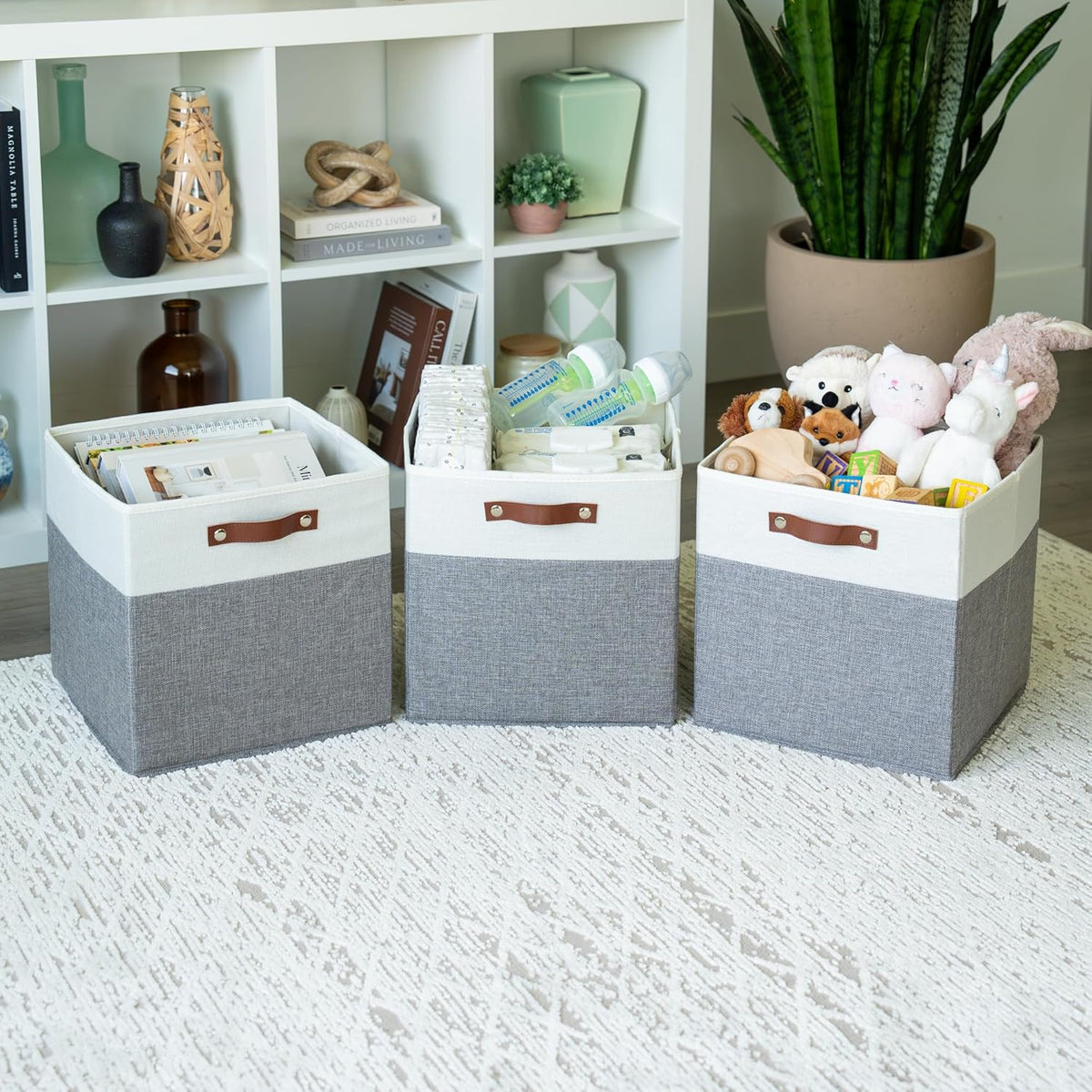 OrganiHaus 13x13 Cube Fabric Storage Bins Set of 4, Fabric Storage Cubes w/ Vegan Handles, 13 inch