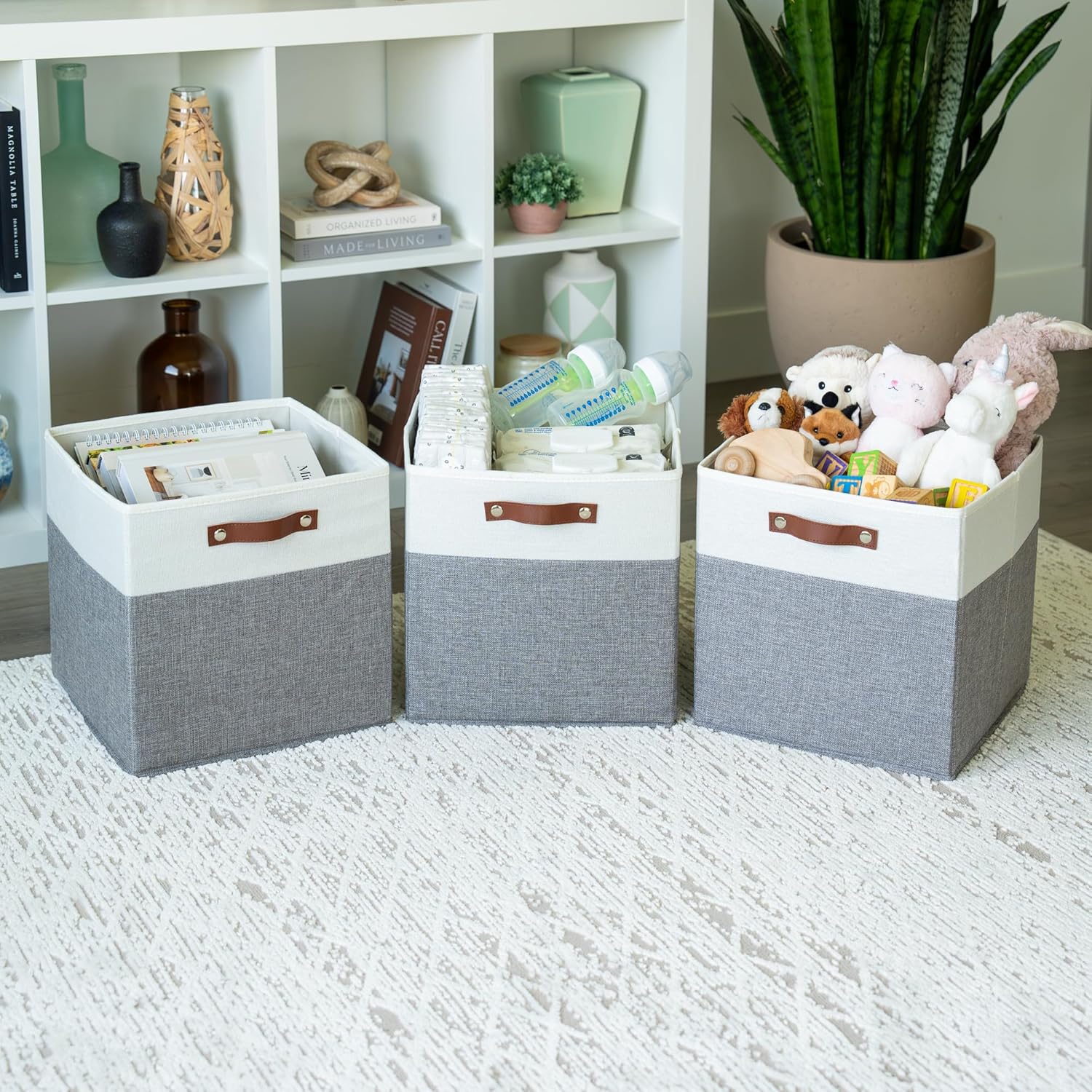 OrganiHaus 13x13 Cube Fabric Storage Bins Set of 4, Fabric Storage Cubes w/ Vegan Handles, 13 inch